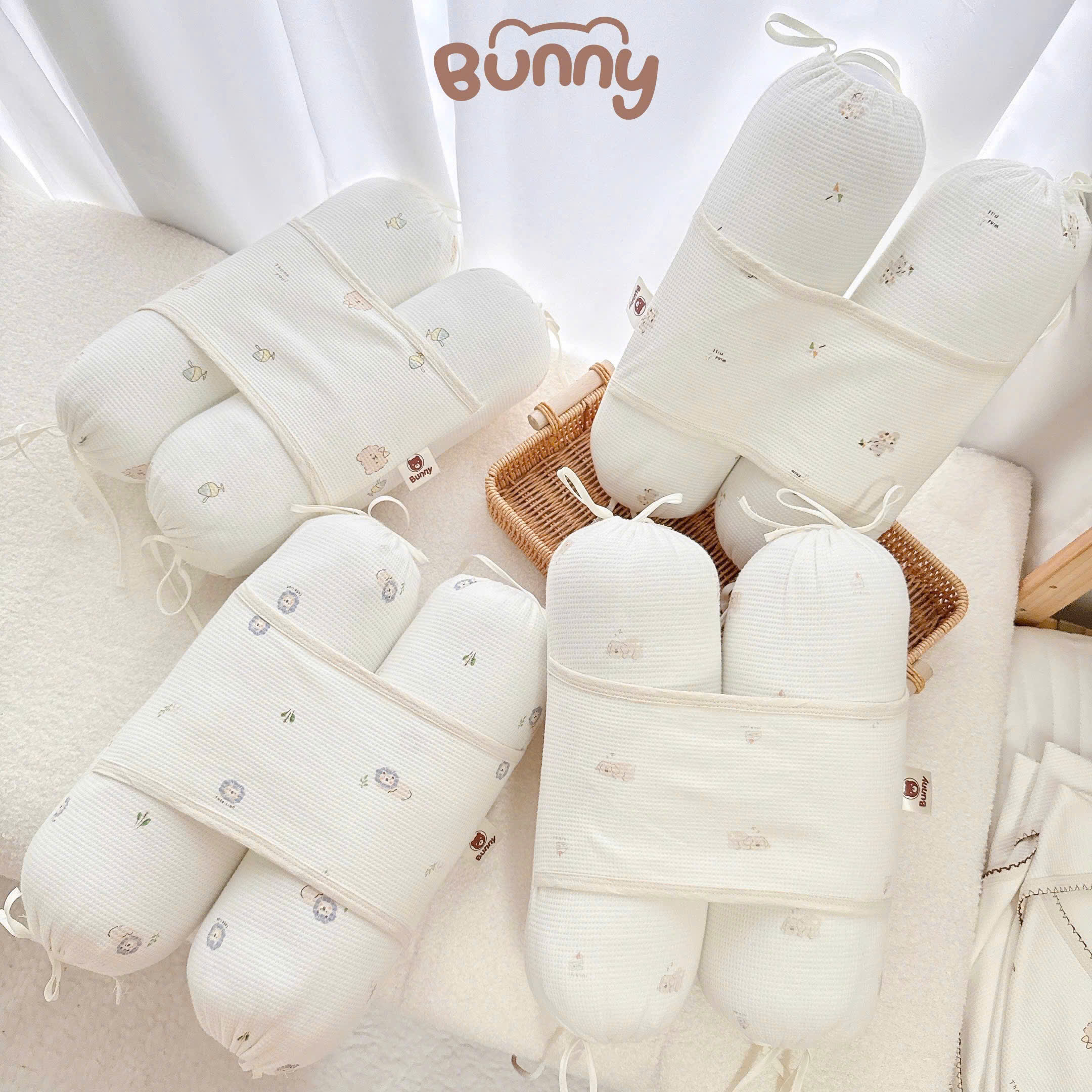 Gối chặn cho bé sơ sinh Bunny vải Waffle vừa ôm được, vừa chống giật mình, vừa mềm vừa thoáng