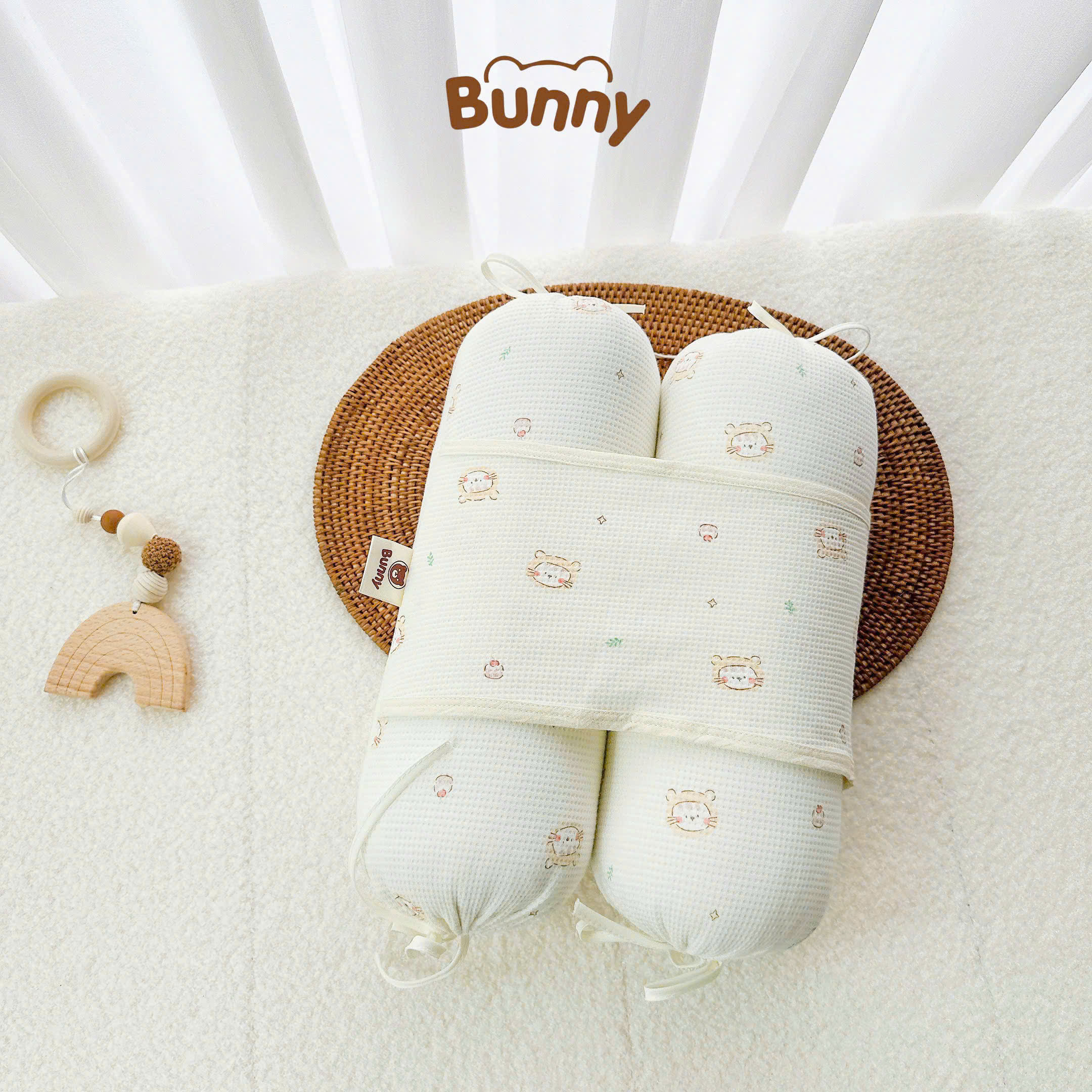 Gối chặn cho bé sơ sinh Bunny vải Waffle vừa ôm được, vừa chống giật mình, vừa mềm vừa thoáng