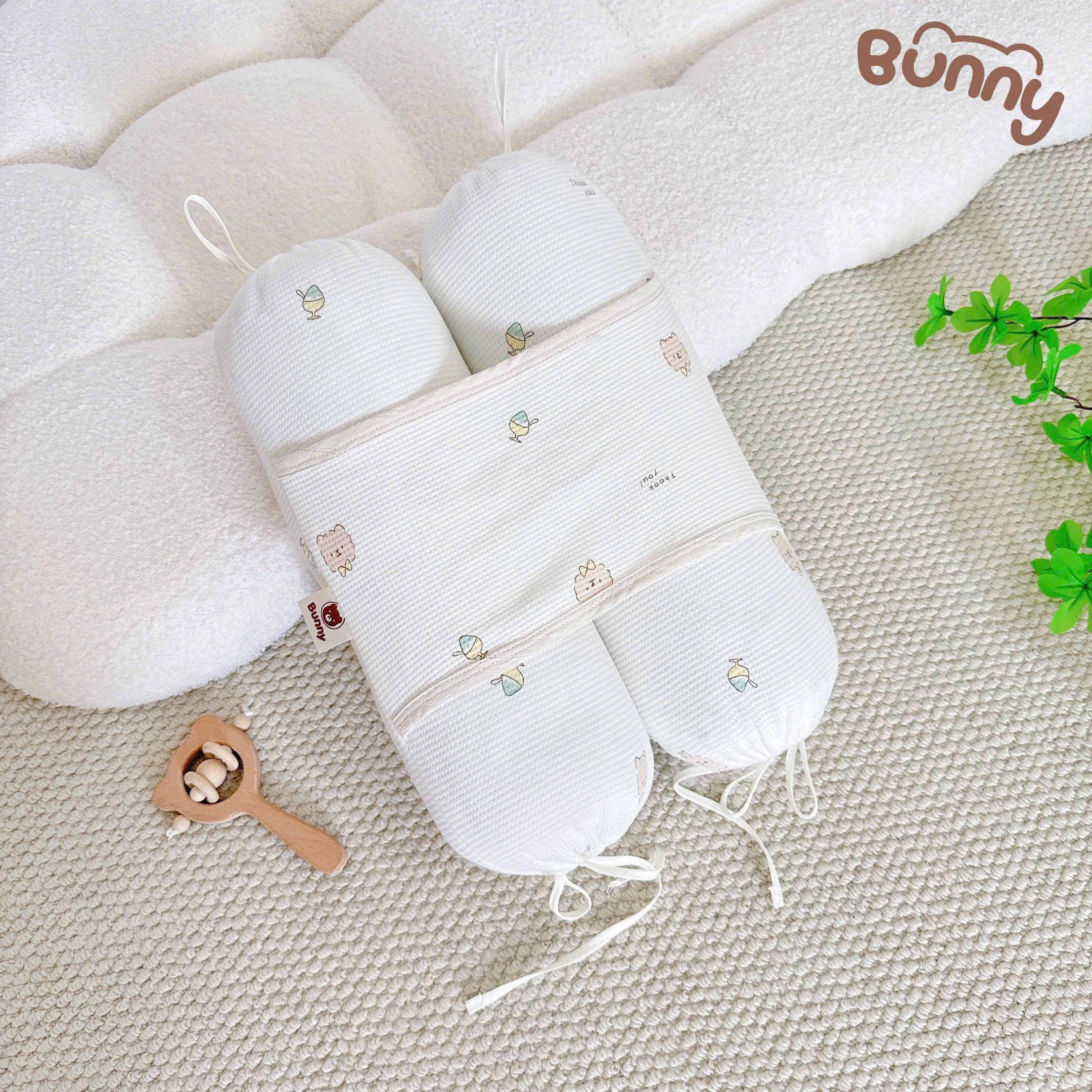 Gối chặn cho bé sơ sinh Bunny vải Waffle vừa ôm được, vừa chống giật mình, vừa mềm vừa thoáng