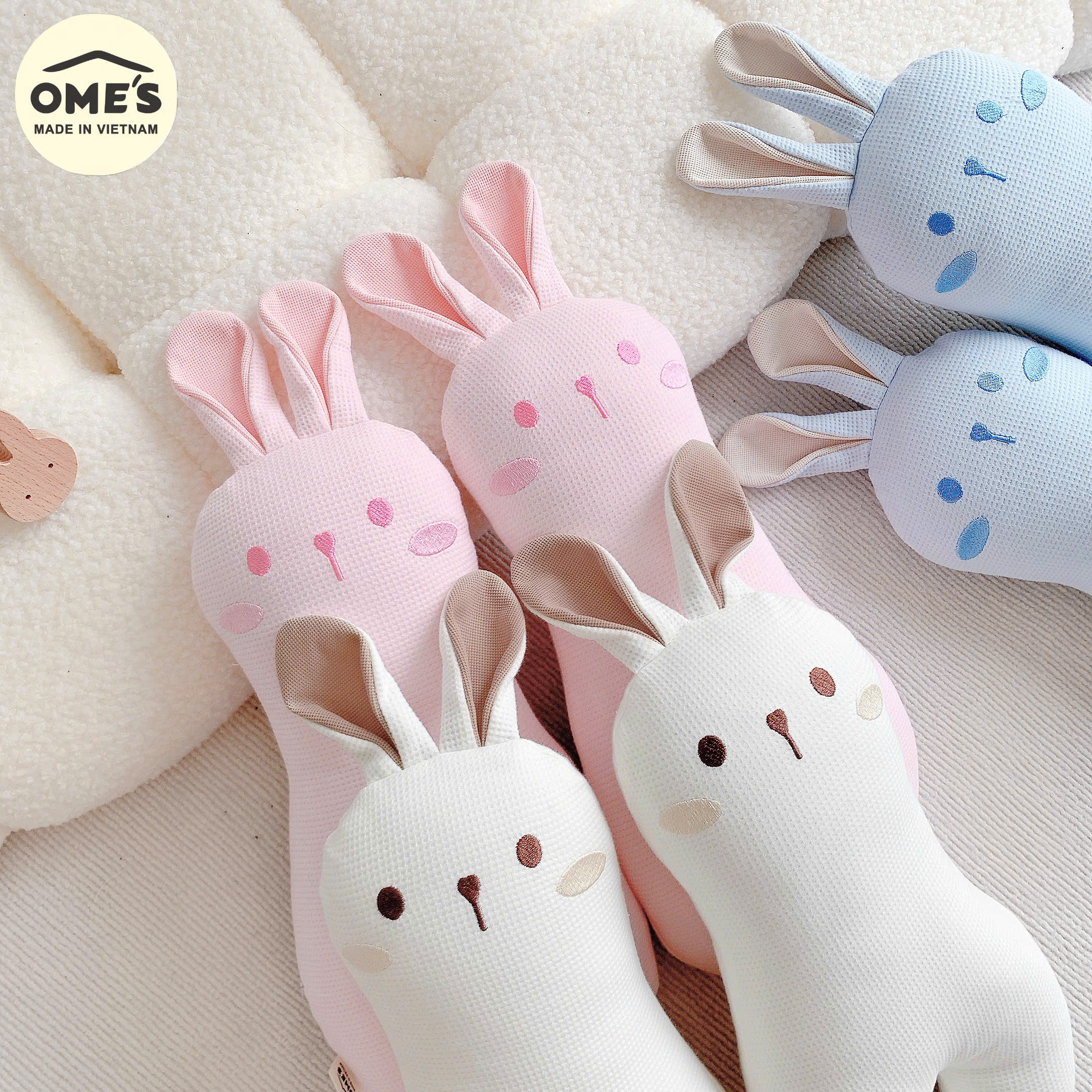 Gối chặn cho bé sơ sinh hình thỏ đáng yêu OME'S vải Cotton Waffle cao cấp mềm mại, thoáng mát