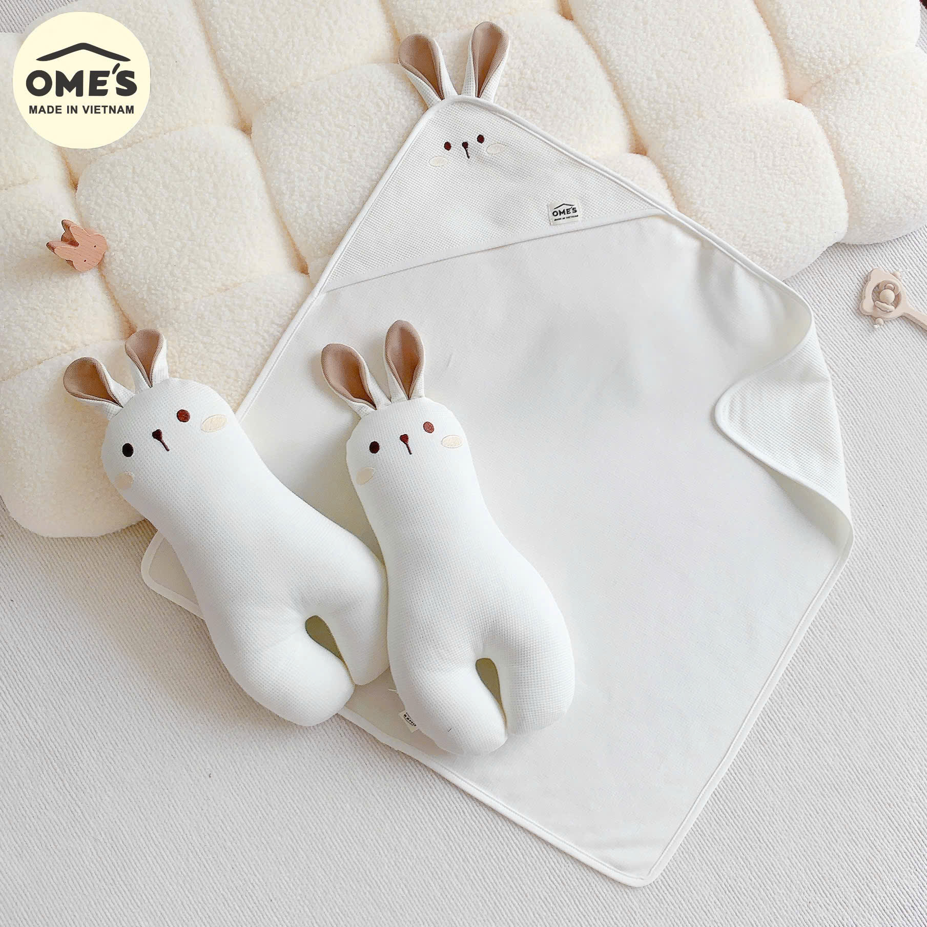 Gối chặn cho bé sơ sinh hình thỏ đáng yêu OME'S vải Cotton Waffle cao cấp mềm mại, thoáng mát