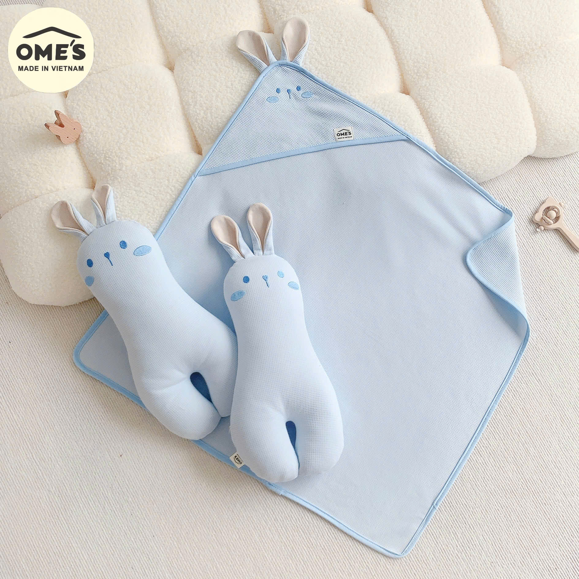 Gối chặn cho bé sơ sinh hình thỏ đáng yêu OME'S vải Cotton Waffle cao cấp mềm mại, thoáng mát