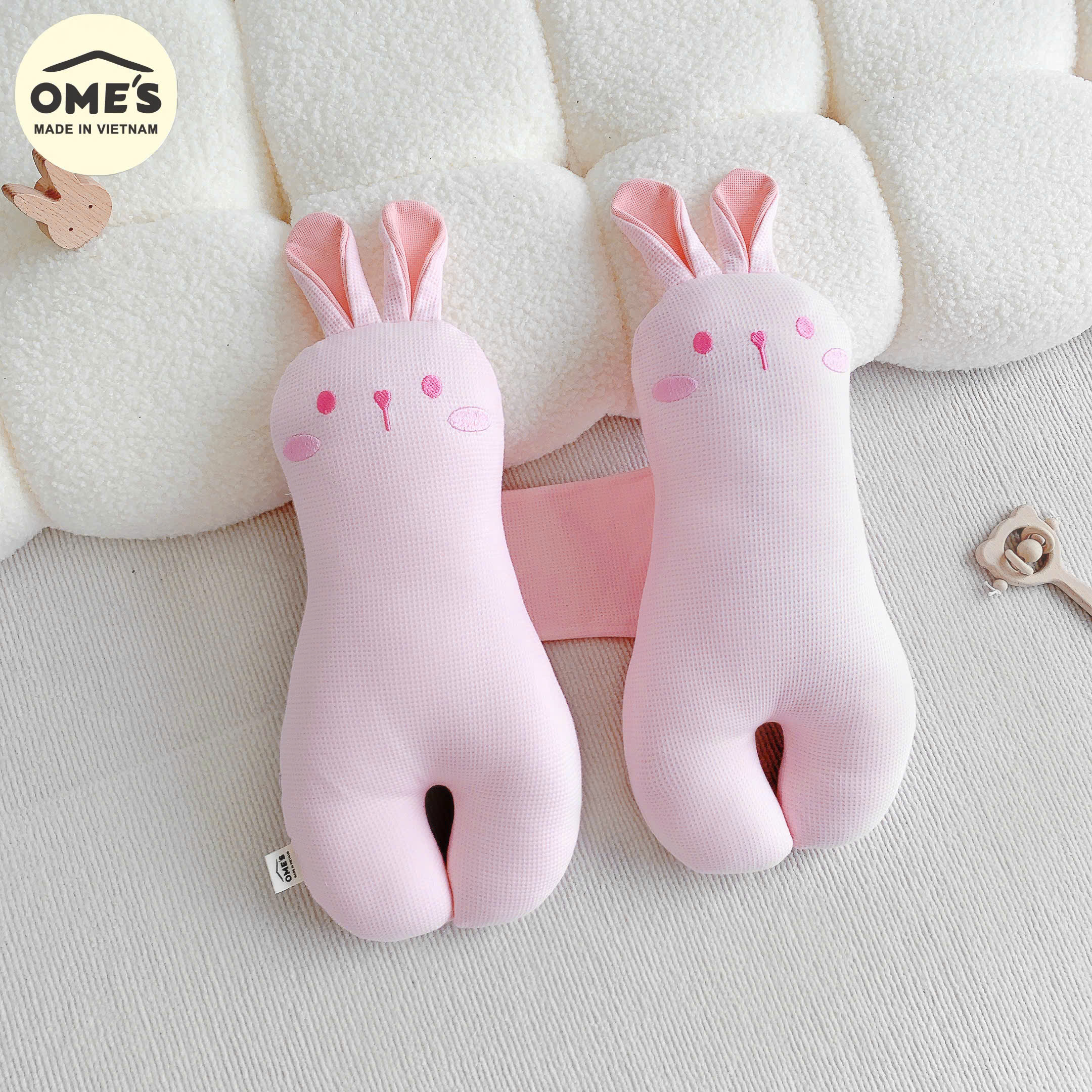Gối chặn cho bé sơ sinh hình thỏ đáng yêu OME'S vải Cotton Waffle cao cấp mềm mại, thoáng mát