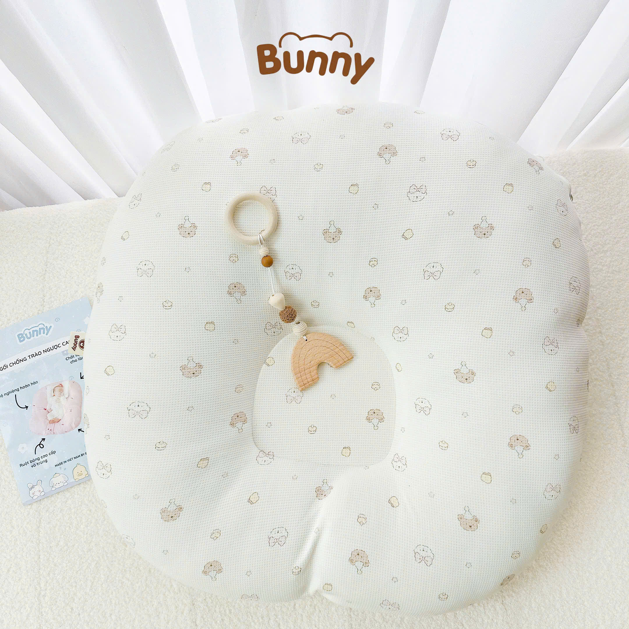 Gối chống trào ngược cho bé Bunny vải Cotton Waffle kiêm đệm ngủ chống trào ngược mềm mại thoáng khí thấm hút mồ hôi