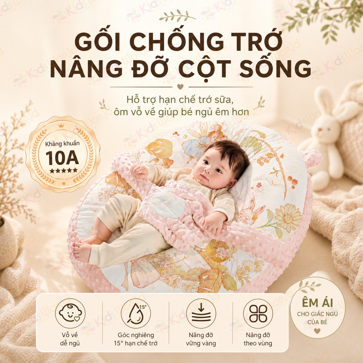 Gối chống trào ngược cho bé cao cấp hoạ tiết cổ tích, gối chống trớ 15° có bàn tay vỗ về thông minh, nâng đỡ cột sống, giúp bé ngủ sâu
