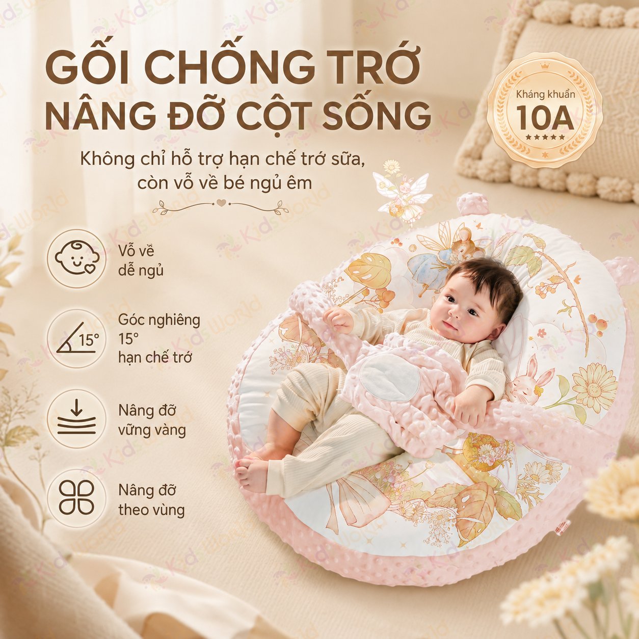 Gối chống trào ngược cho bé cao cấp hoạ tiết cổ tích, gối chống trớ 15° có bàn tay vỗ về thông minh, nâng đỡ cột sống, giúp bé ngủ sâu
