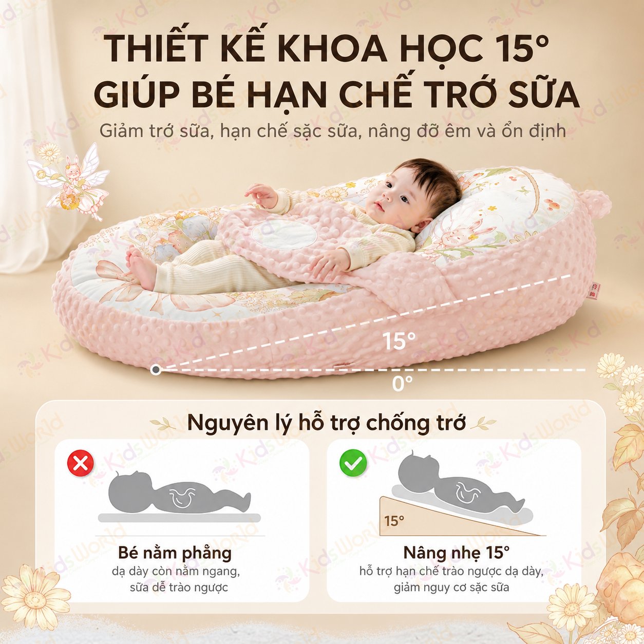 Gối chống trào ngược cho bé cao cấp hoạ tiết cổ tích, gối chống trớ 15° có bàn tay vỗ về thông minh, nâng đỡ cột sống, giúp bé ngủ sâu