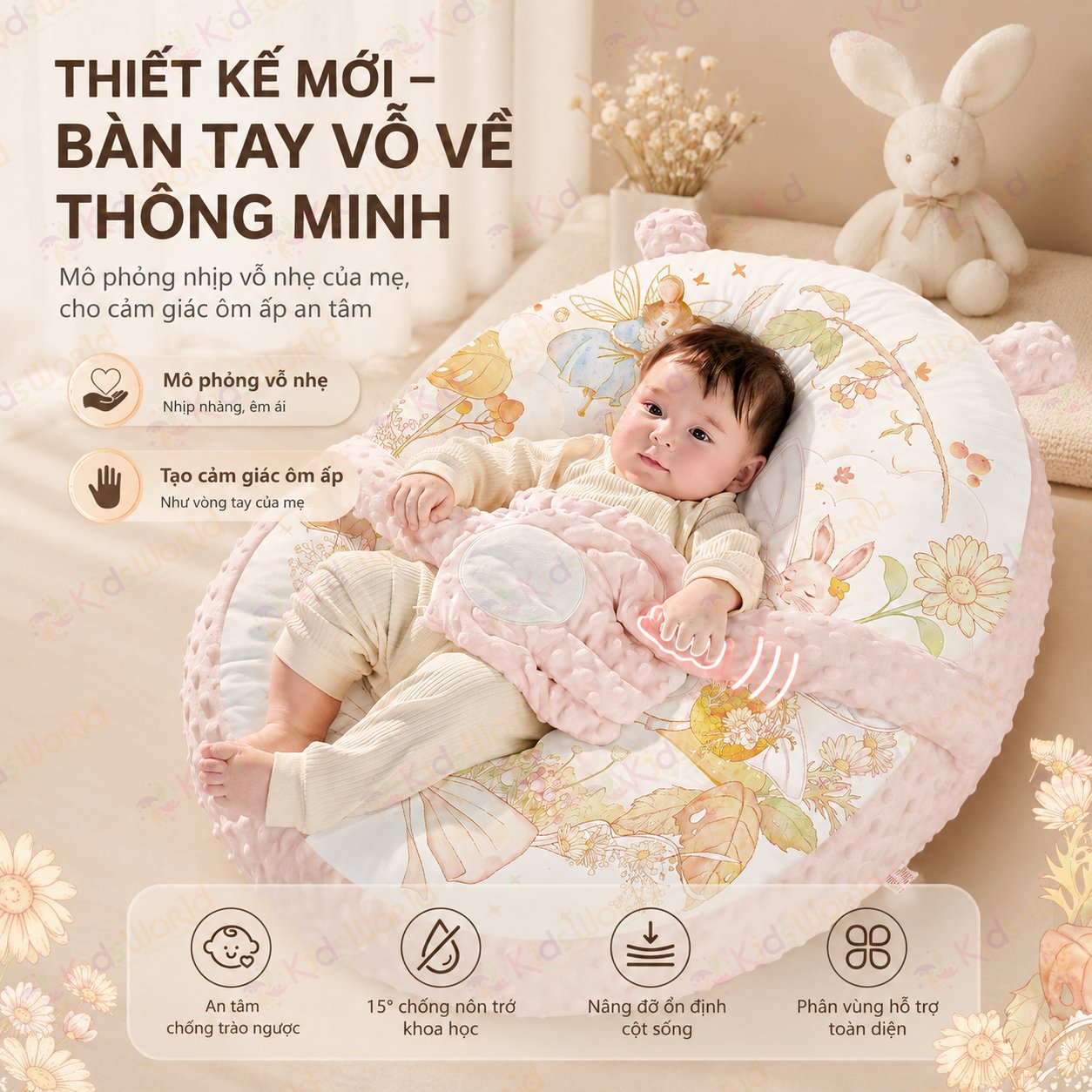 Gối chống trào ngược cho bé cao cấp hoạ tiết cổ tích, gối chống trớ 15° có bàn tay vỗ về thông minh, nâng đỡ cột sống, giúp bé ngủ sâu