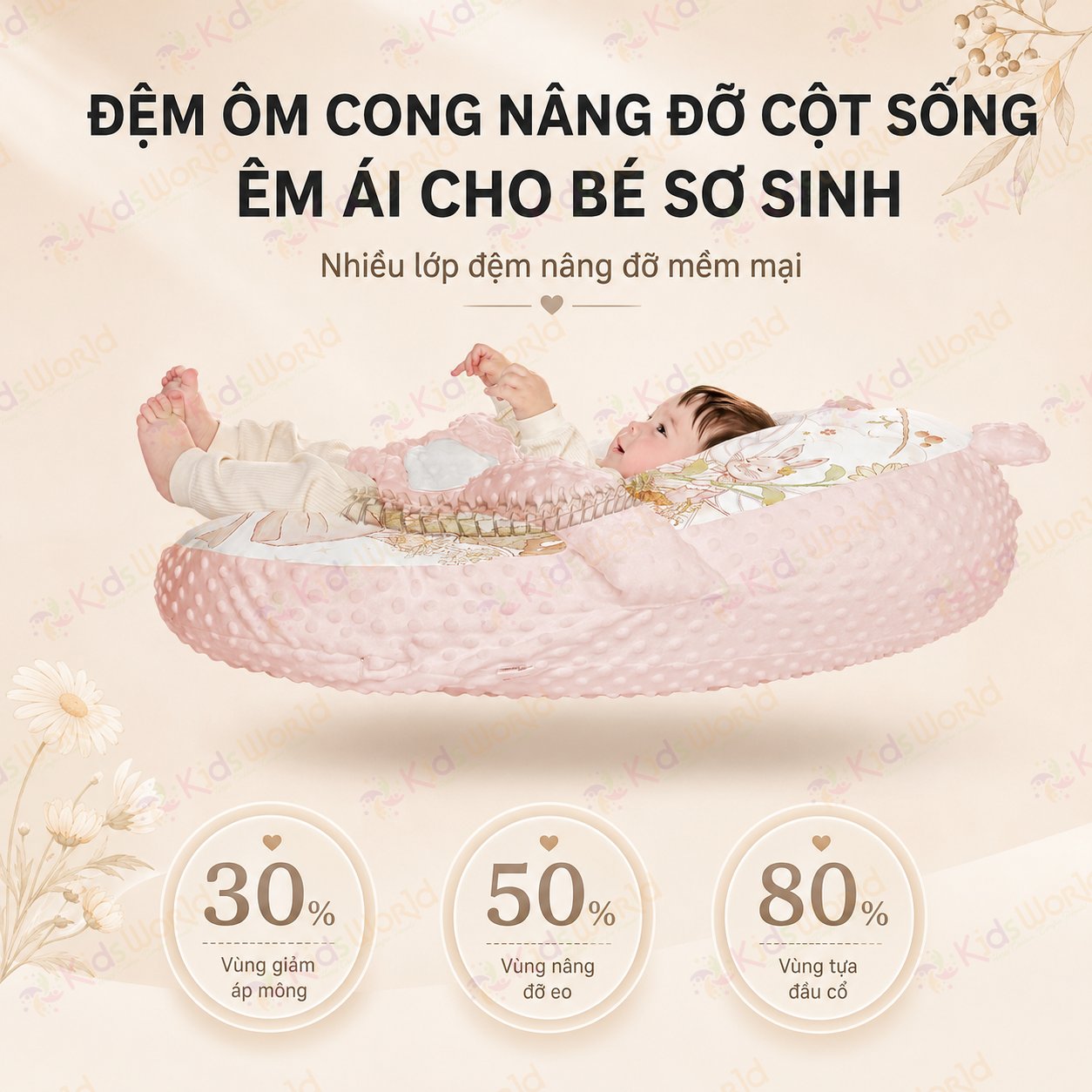 Gối chống trào ngược cho bé cao cấp hoạ tiết cổ tích, gối chống trớ 15° có bàn tay vỗ về thông minh, nâng đỡ cột sống, giúp bé ngủ sâu