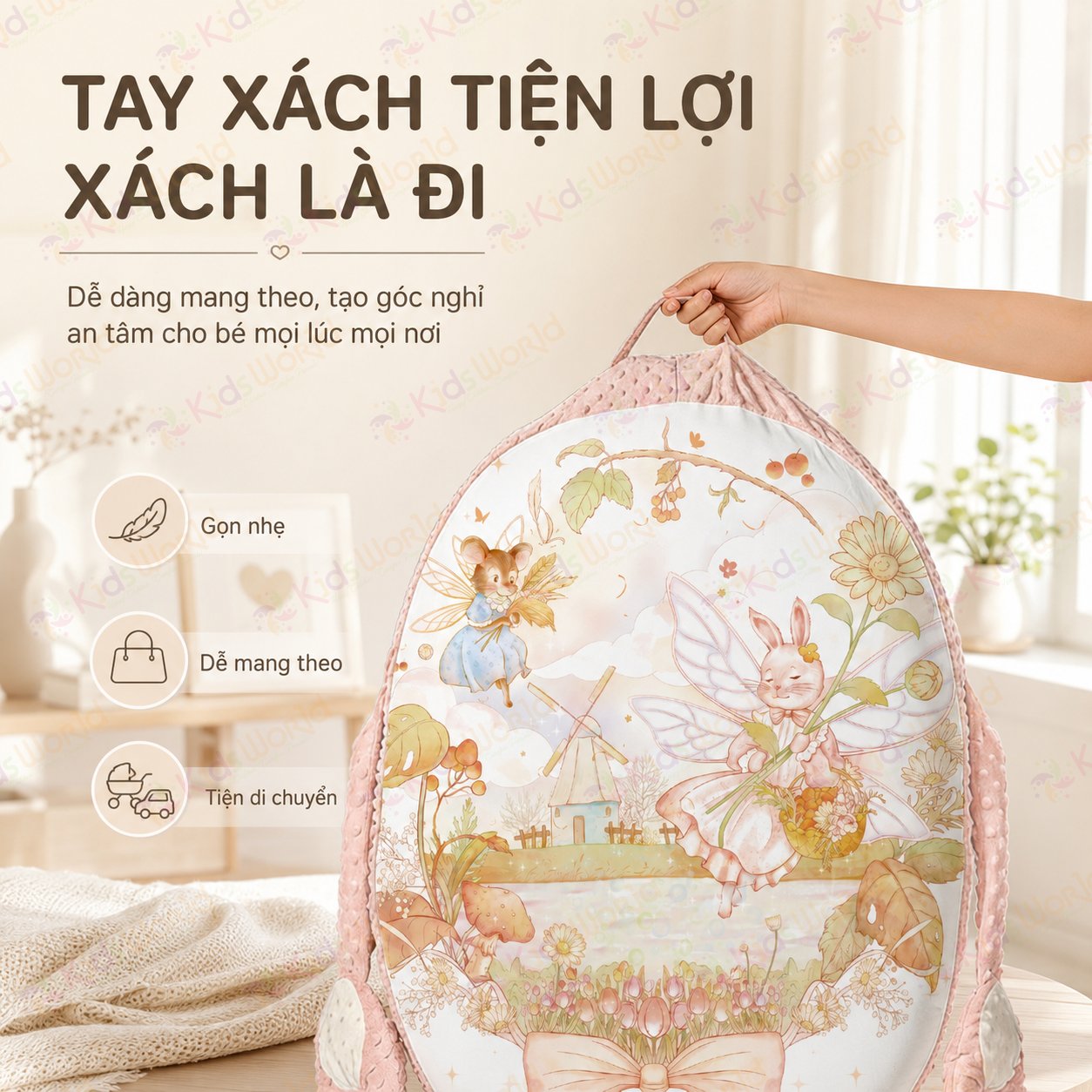 Gối chống trào ngược cho bé cao cấp hoạ tiết cổ tích, gối chống trớ 15° có bàn tay vỗ về thông minh, nâng đỡ cột sống, giúp bé ngủ sâu