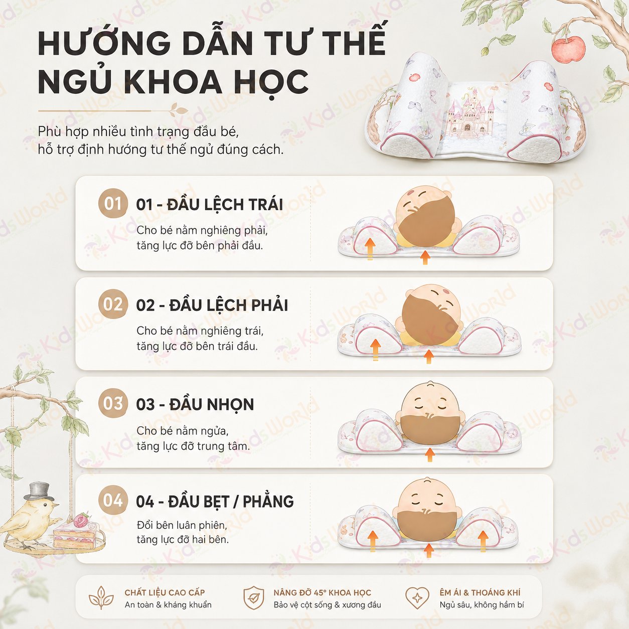 Gối định hình đầu cho bé 0-6 tháng hoạ tiết cổ tích giúp điều chỉnh và ngăn ngừa hội chứng đầu bẹt