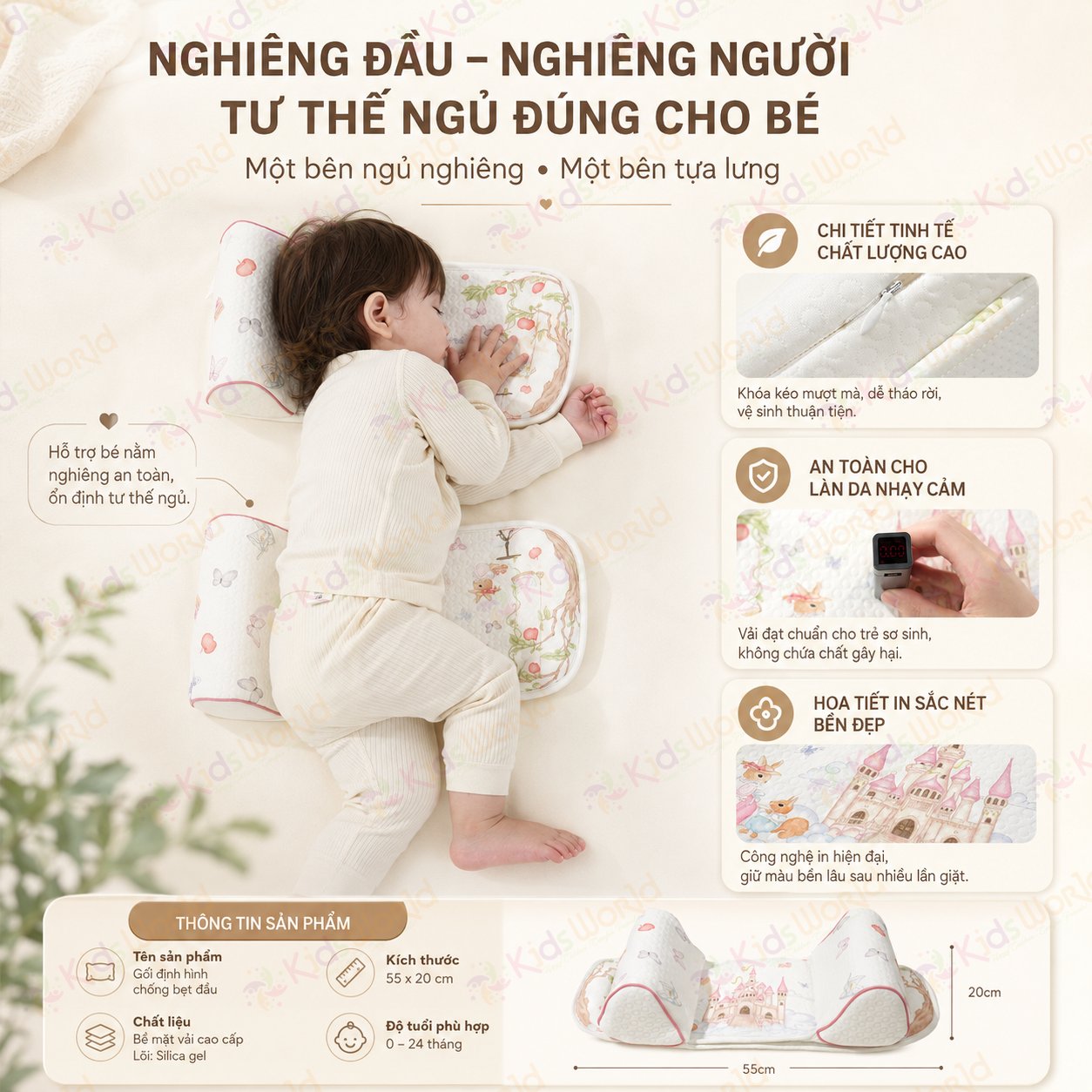 Gối định hình đầu cho bé 0-6 tháng hoạ tiết cổ tích giúp điều chỉnh và ngăn ngừa hội chứng đầu bẹt