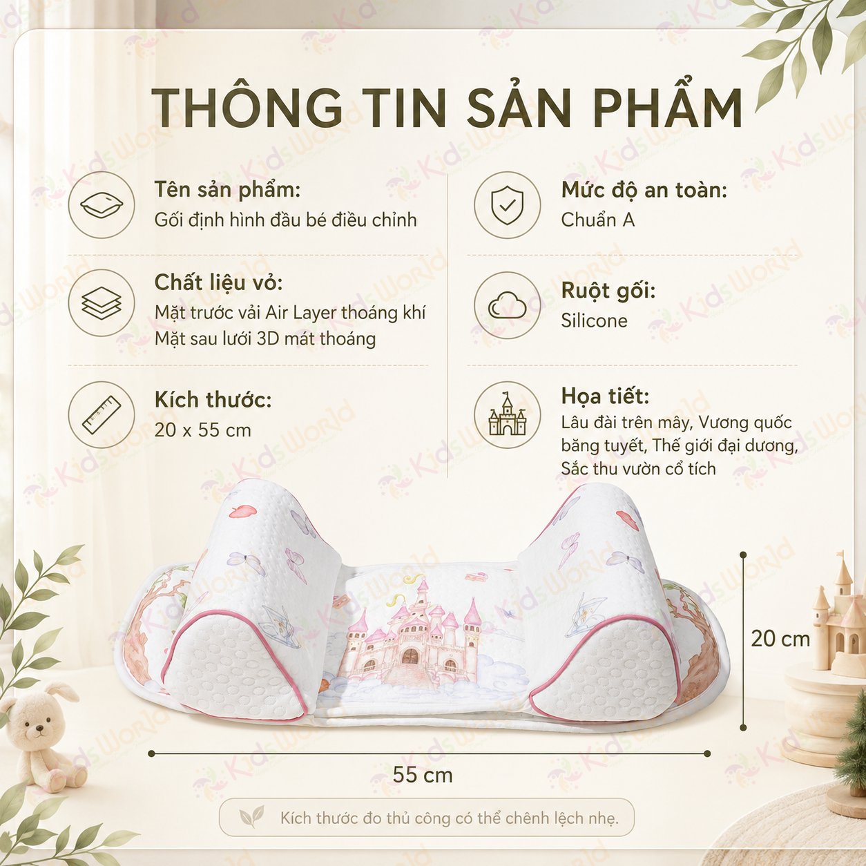 Gối định hình đầu cho bé 0-6 tháng hoạ tiết cổ tích giúp điều chỉnh và ngăn ngừa hội chứng đầu bẹt