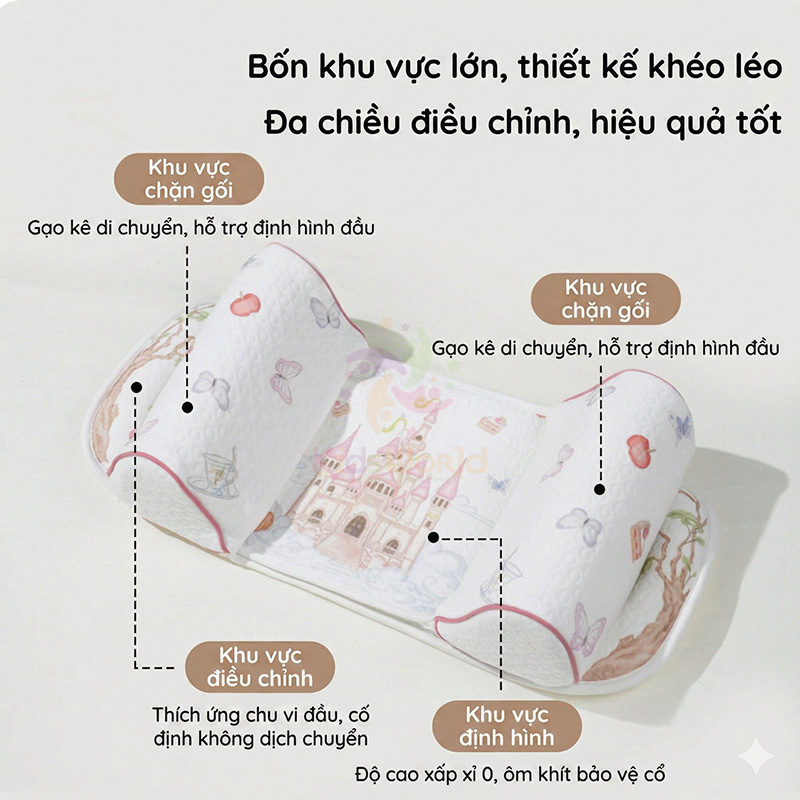 Gối định hình đầu cho bé 0-6 tháng hoạ tiết cổ tích giúp điều chỉnh và ngăn ngừa hội chứng đầu bẹt