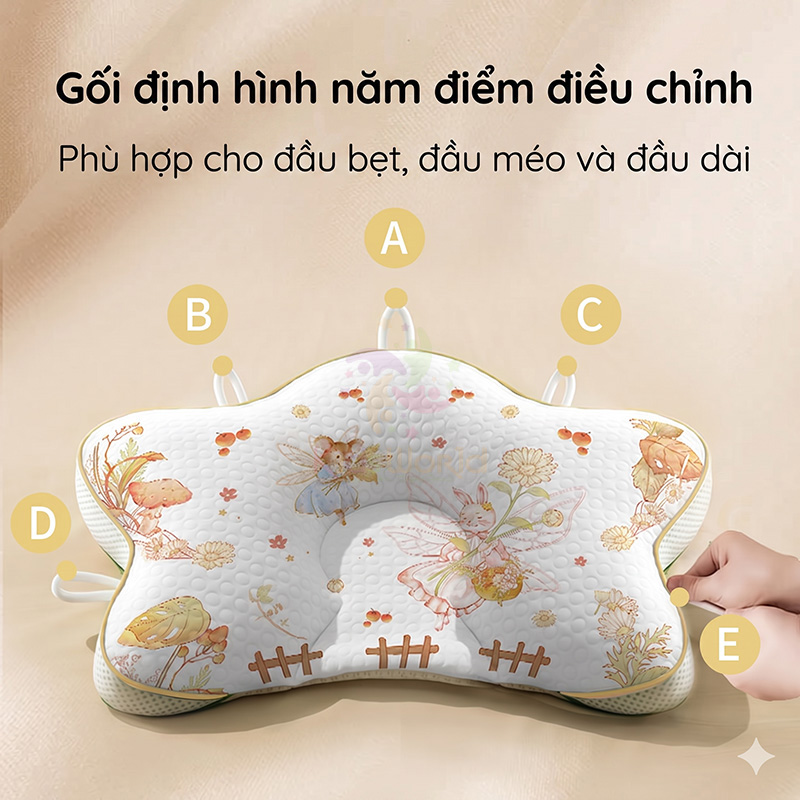 Gối định hình đầu cho bé hình ngôi sao hoạ tiết cổ tích cao cấp với dây rút điều chỉnh 5 điểm chống bẹt đầu, méo đầu, chất liệu Cotton & Tencel kháng khuẩn cho trẻ sơ sinh (0-12 tháng)