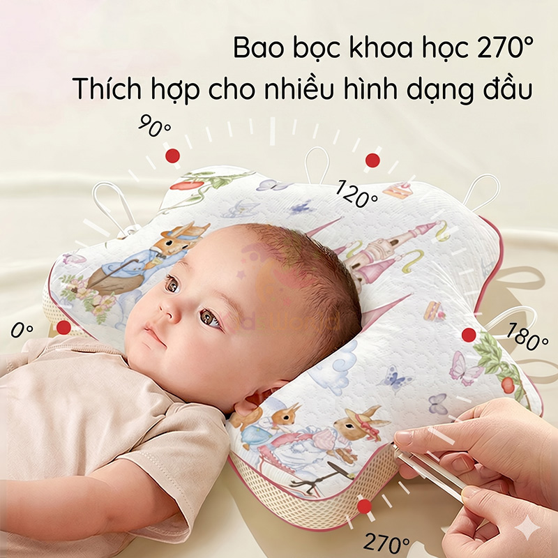 Gối định hình đầu cho bé hình ngôi sao hoạ tiết cổ tích cao cấp với dây rút điều chỉnh 5 điểm chống bẹt đầu, méo đầu, chất liệu Cotton & Tencel kháng khuẩn cho trẻ sơ sinh (0-12 tháng)