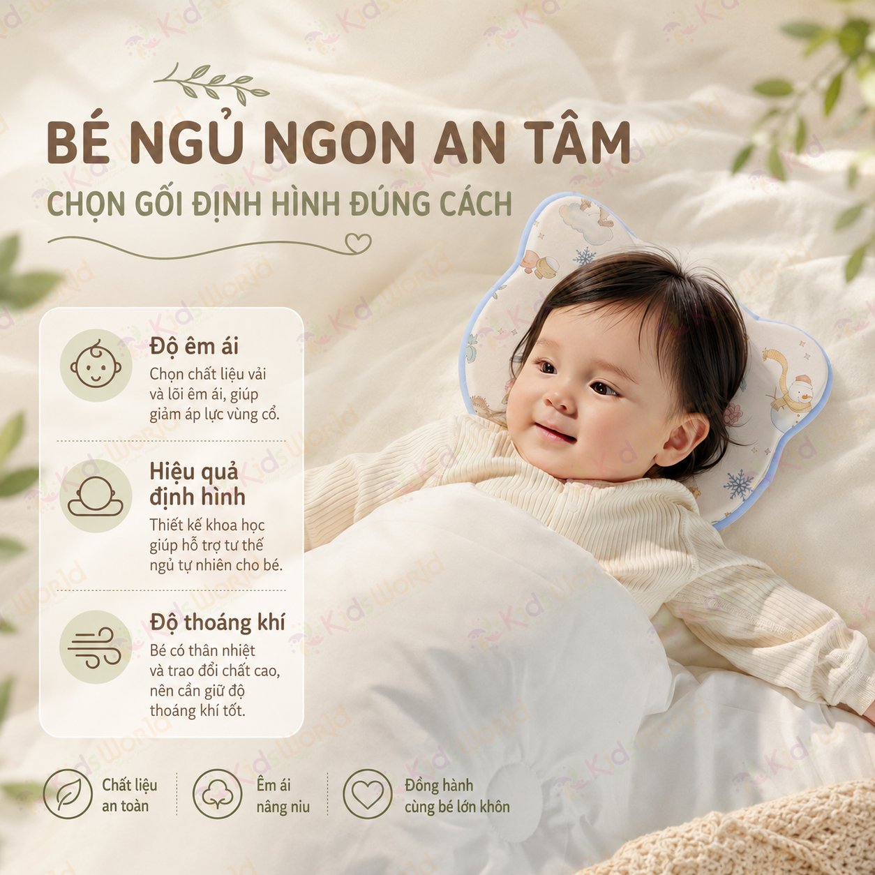 Gối định hình đầu hình gấu cho bé lõi silicone thực phẩm, vỏ sợi hoa trà mềm mại, kháng khuẩn 10A, giúp bé ngủ đầu tròn xinh