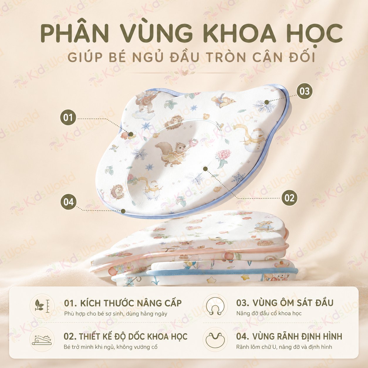 Gối định hình đầu hình gấu cho bé lõi silicone thực phẩm, vỏ sợi hoa trà mềm mại, kháng khuẩn 10A, giúp bé ngủ đầu tròn xinh