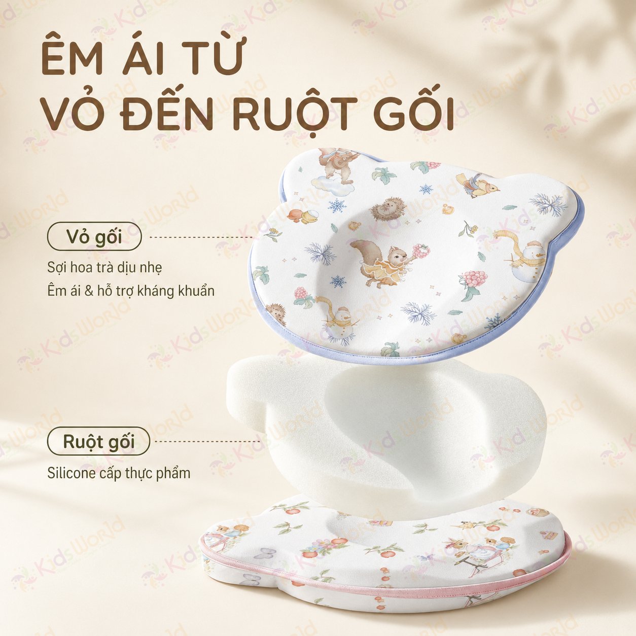 Gối định hình đầu hình gấu cho bé lõi silicone thực phẩm, vỏ sợi hoa trà mềm mại, kháng khuẩn 10A, giúp bé ngủ đầu tròn xinh