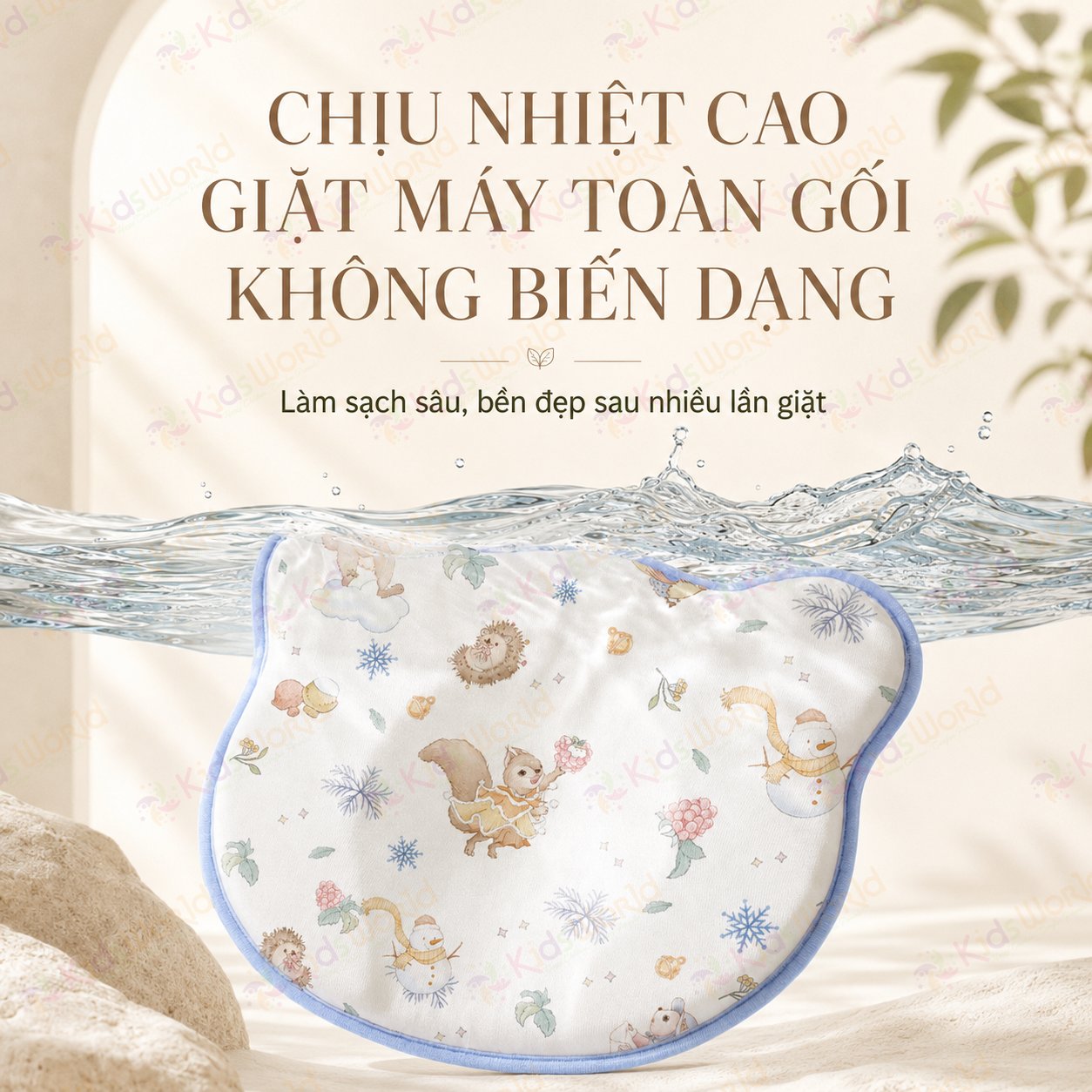 Gối định hình đầu hình gấu cho bé lõi silicone thực phẩm, vỏ sợi hoa trà mềm mại, kháng khuẩn 10A, giúp bé ngủ đầu tròn xinh