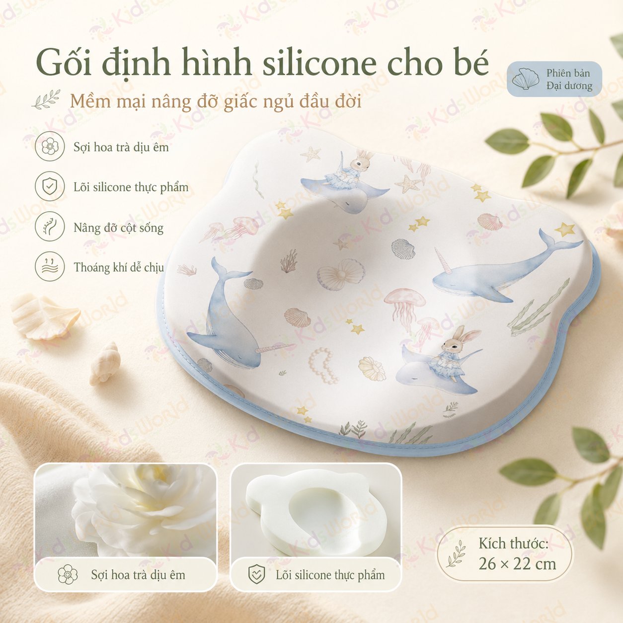 Gối định hình đầu hình gấu cho bé lõi silicone thực phẩm, vỏ sợi hoa trà mềm mại, kháng khuẩn 10A, giúp bé ngủ đầu tròn xinh