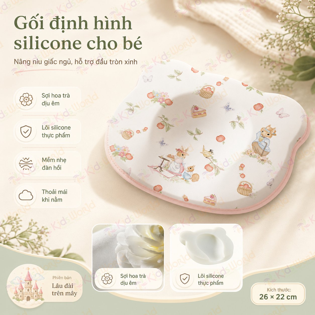 Gối định hình đầu hình gấu cho bé lõi silicone thực phẩm, vỏ sợi hoa trà mềm mại, kháng khuẩn 10A, giúp bé ngủ đầu tròn xinh