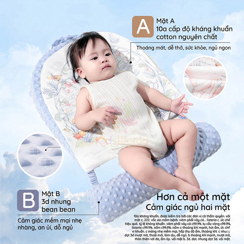Gối dốc chống trào ngược cho bé hoạ tiết cổ tích thiết kế khoa học 15° với 2 mặt Nhung hạt đậu và Cotton dẹt kim