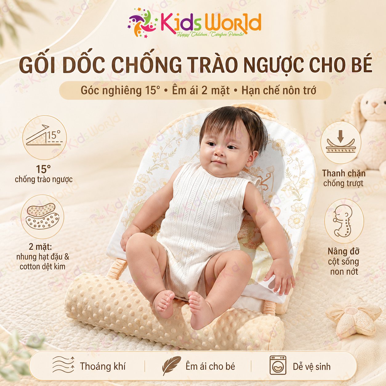 Gối dốc chống trào ngược cho bé hoạ tiết cổ tích thiết kế khoa học 15° với 2 mặt Nhung hạt đậu và Cotton dẹt kim