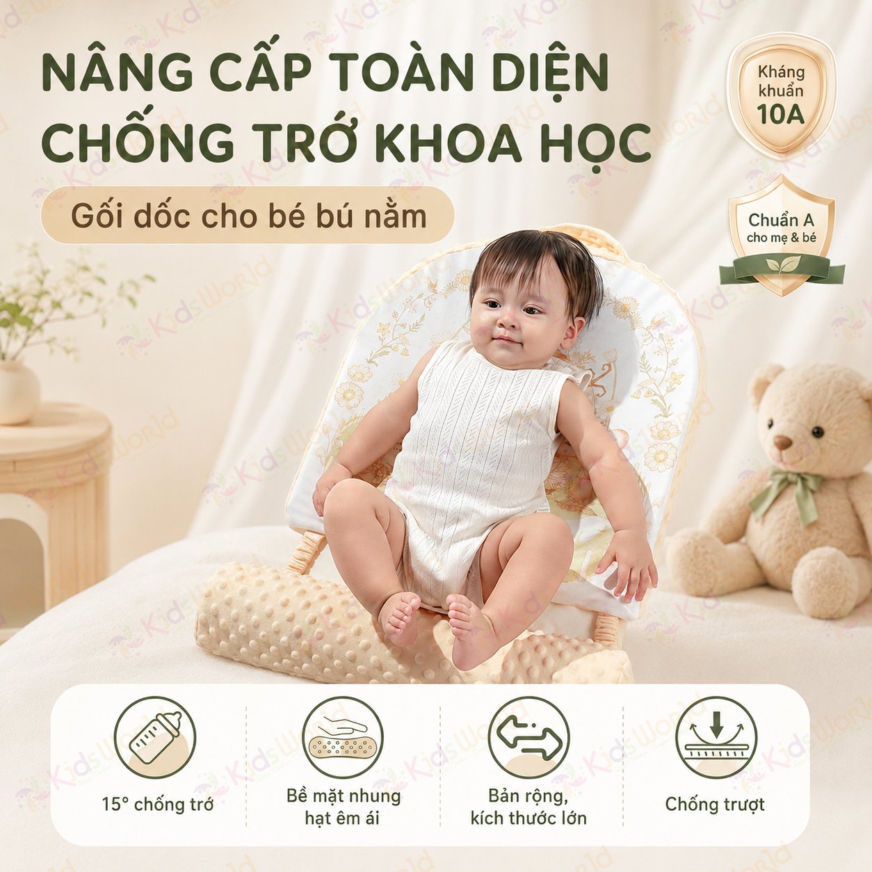 Gối dốc chống trào ngược cho bé hoạ tiết cổ tích thiết kế khoa học 15° với 2 mặt Nhung hạt đậu và Cotton dẹt kim