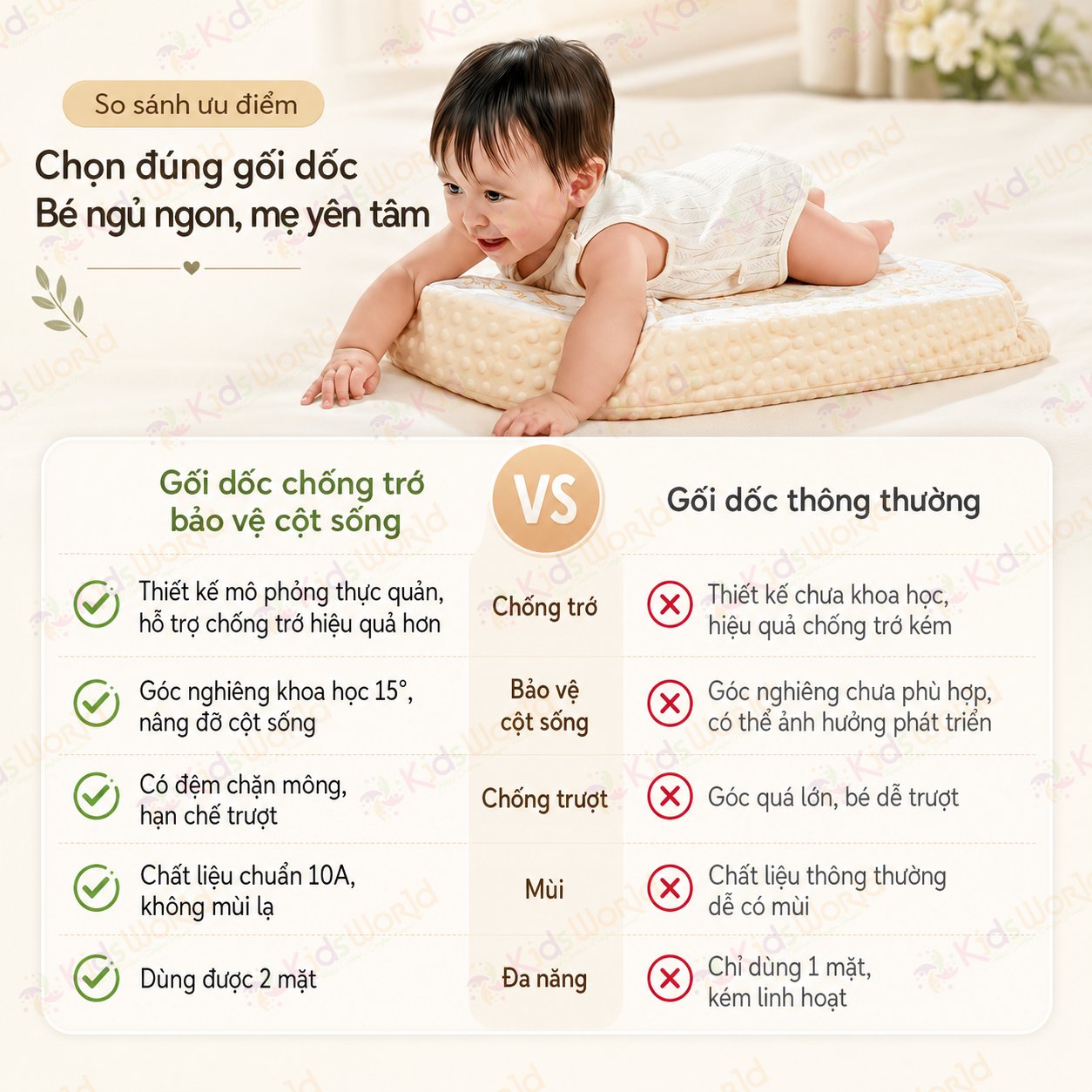 Gối dốc chống trào ngược cho bé hoạ tiết cổ tích thiết kế khoa học 15° với 2 mặt Nhung hạt đậu và Cotton dẹt kim