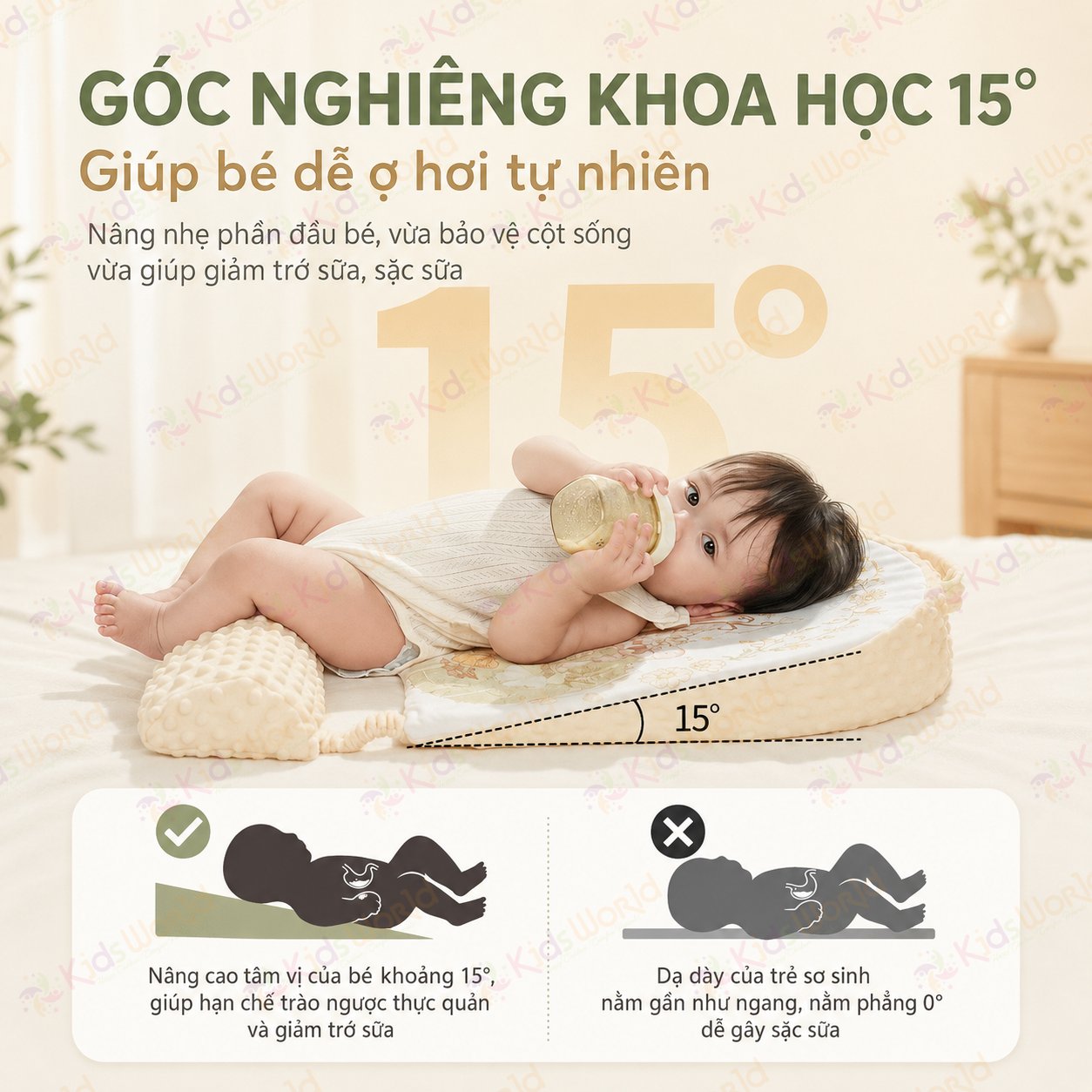 Gối dốc chống trào ngược cho bé hoạ tiết cổ tích thiết kế khoa học 15° với 2 mặt Nhung hạt đậu và Cotton dẹt kim