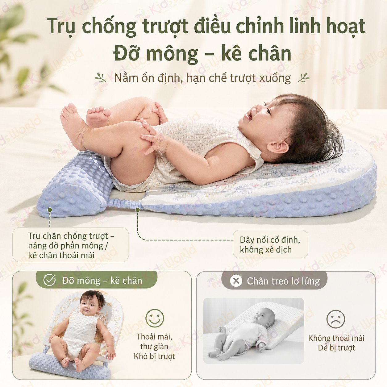 Gối dốc chống trào ngược cho bé hoạ tiết cổ tích thiết kế khoa học 15° với 2 mặt Nhung hạt đậu và Cotton dẹt kim