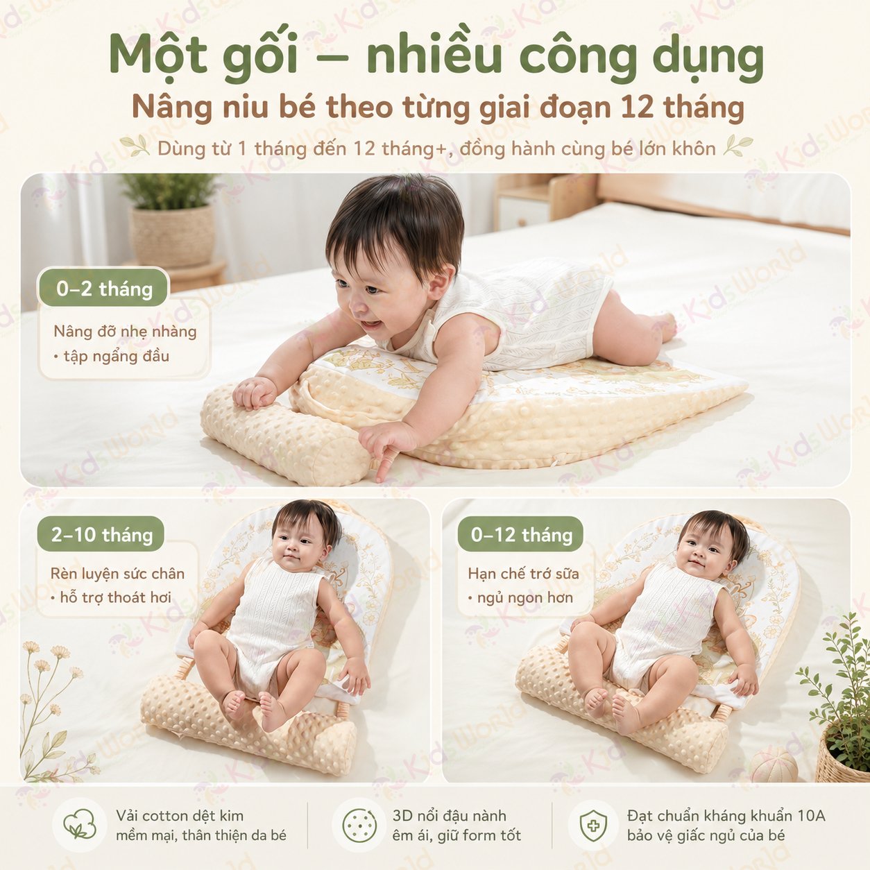 Gối dốc chống trào ngược cho bé hoạ tiết cổ tích thiết kế khoa học 15° với 2 mặt Nhung hạt đậu và Cotton dẹt kim