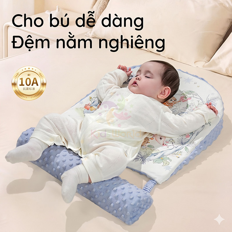 Gối dốc chống trào ngược cho bé hoạ tiết cổ tích thiết kế khoa học 15° với 2 mặt Nhung hạt đậu và Cotton dẹt kim