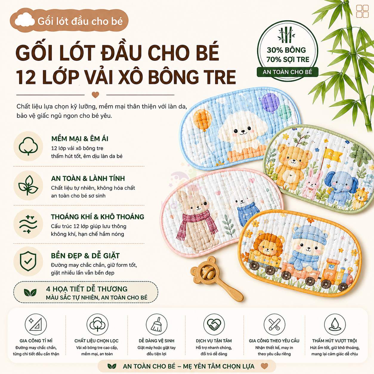 Gối lót đầu cho bé hình đám mấy 12 lớp vải xô bông tre cao cấp thấm hút mồ hôi, thoáng khí, họa tiết đám mây đáng yêu