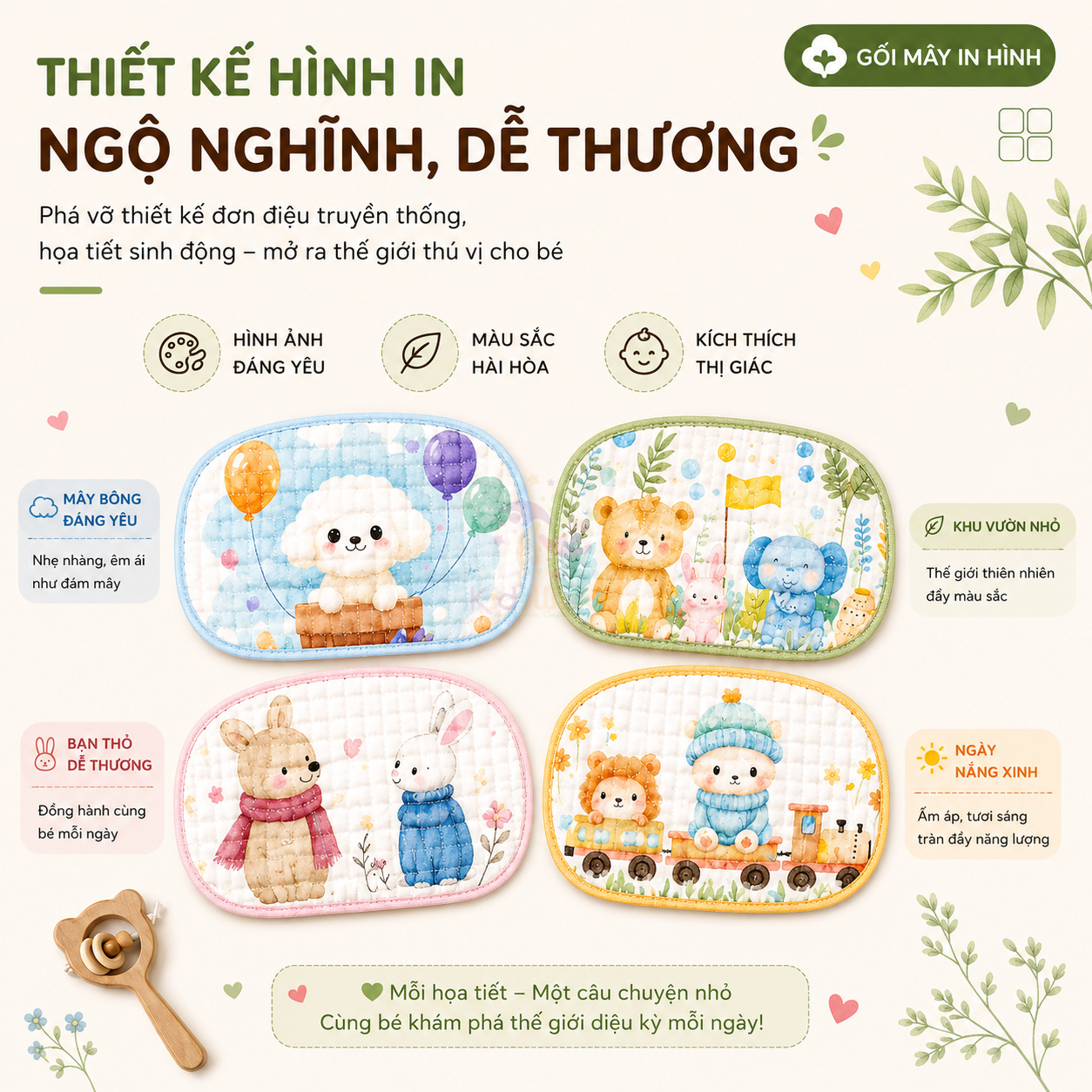 Gối lót đầu cho bé hình đám mấy 12 lớp vải xô bông tre cao cấp thấm hút mồ hôi, thoáng khí, họa tiết đám mây đáng yêu