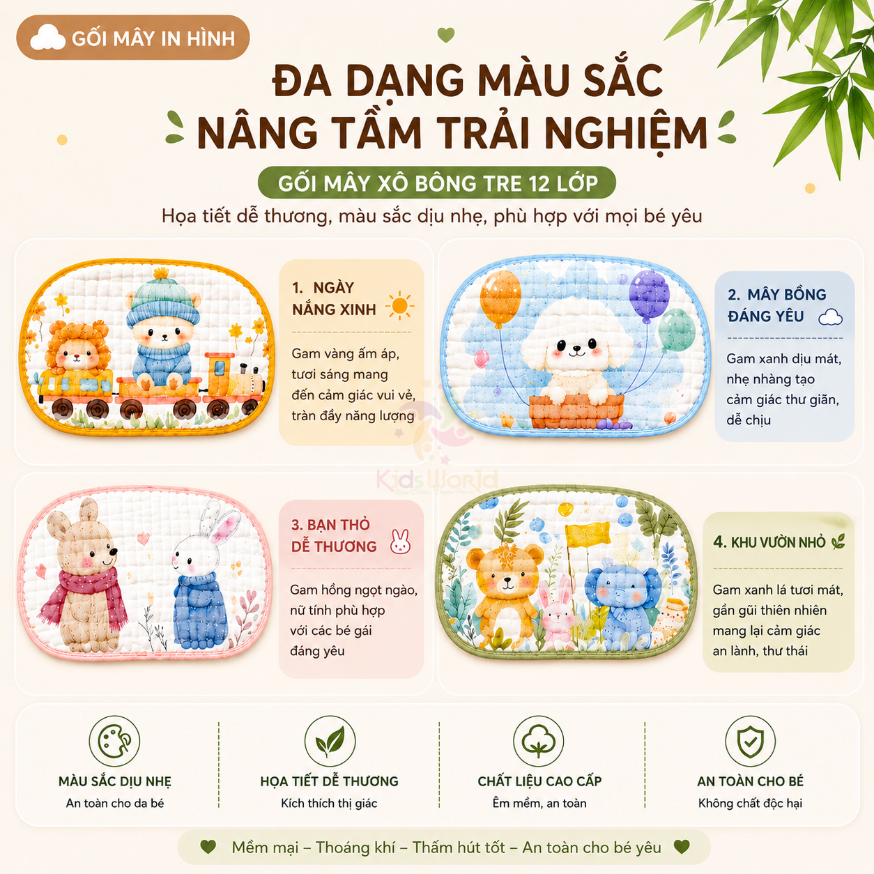 Gối lót đầu cho bé hình đám mấy 12 lớp vải xô bông tre cao cấp thấm hút mồ hôi, thoáng khí, họa tiết đám mây đáng yêu