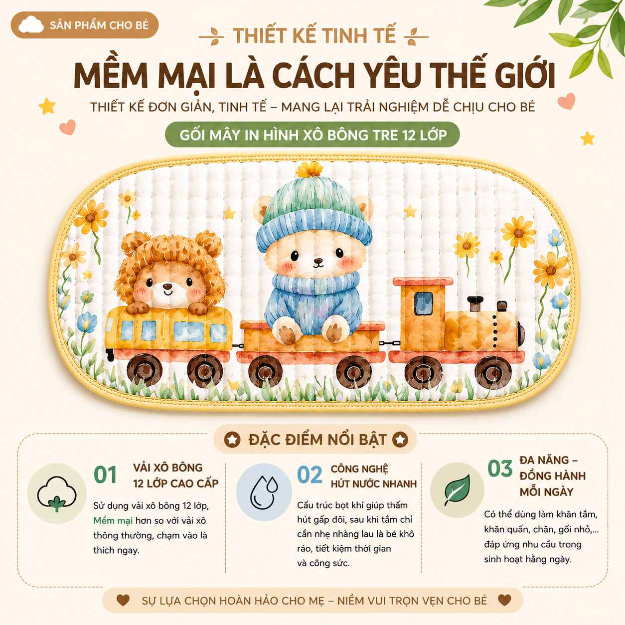 Gối lót đầu cho bé hình đám mấy 12 lớp vải xô bông tre cao cấp thấm hút mồ hôi, thoáng khí, họa tiết đám mây đáng yêu