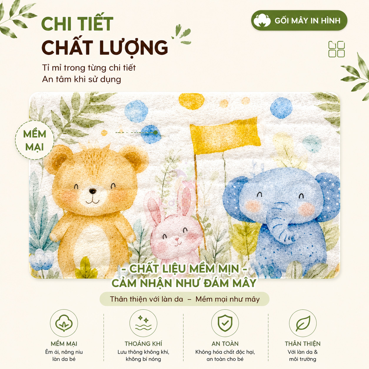 Gối lót đầu cho bé hình đám mấy 12 lớp vải xô bông tre cao cấp thấm hút mồ hôi, thoáng khí, họa tiết đám mây đáng yêu