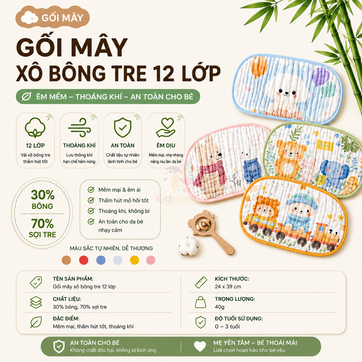 Gối lót đầu cho bé hình đám mấy 12 lớp vải xô bông tre cao cấp thấm hút mồ hôi, thoáng khí, họa tiết đám mây đáng yêu