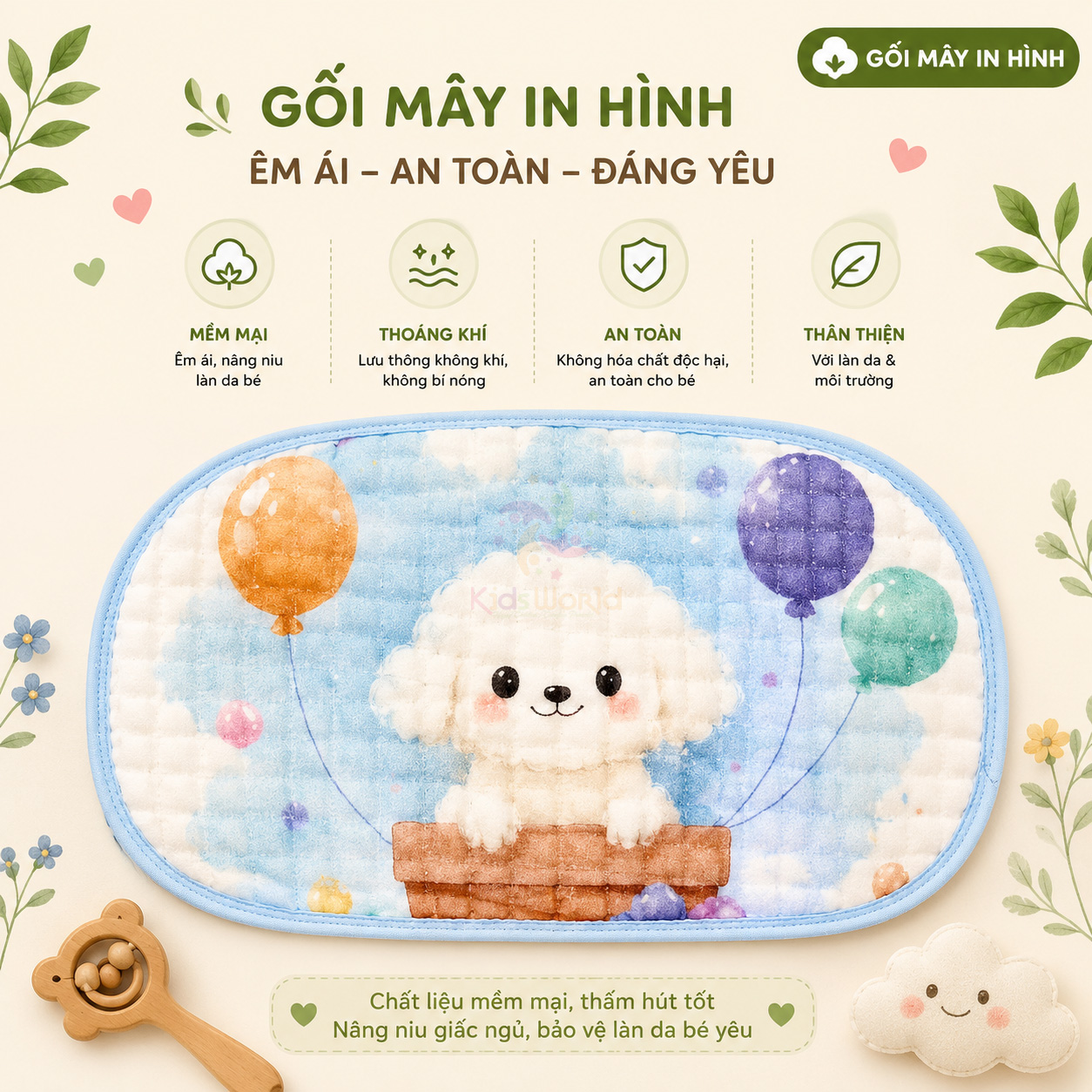 Gối lót đầu cho bé hình đám mấy 12 lớp vải xô bông tre cao cấp thấm hút mồ hôi, thoáng khí, họa tiết đám mây đáng yêu