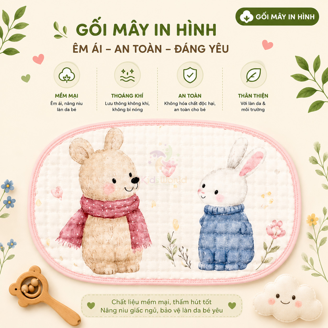 Gối lót đầu cho bé hình đám mấy 12 lớp vải xô bông tre cao cấp thấm hút mồ hôi, thoáng khí, họa tiết đám mây đáng yêu