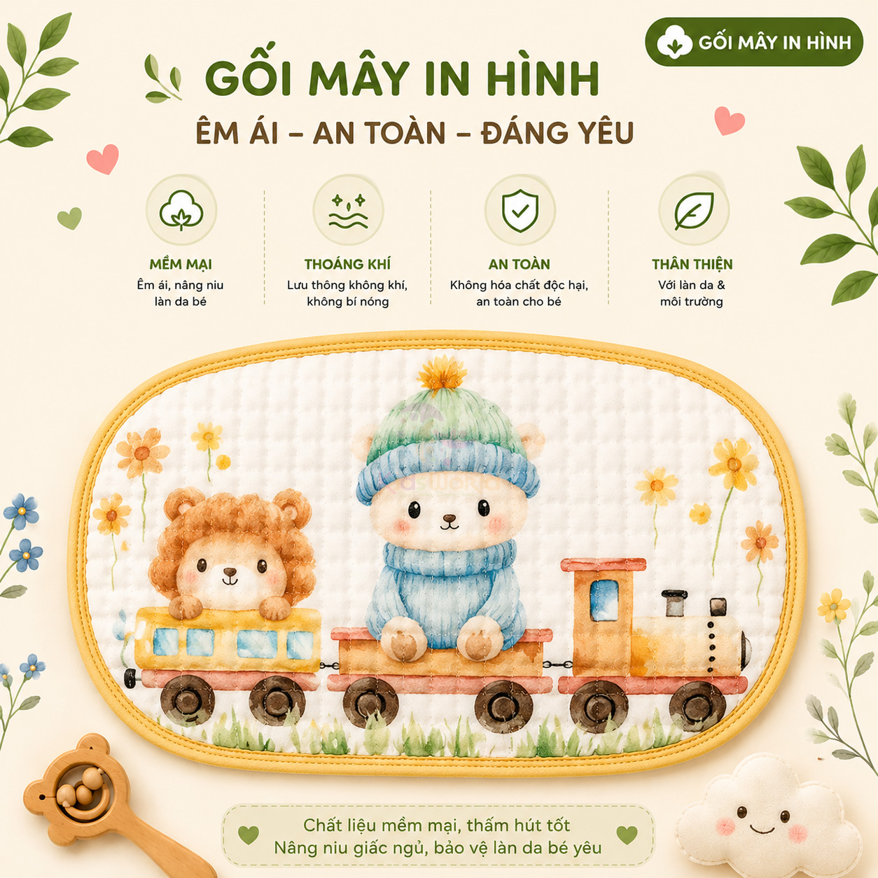 Gối lót đầu cho bé hình đám mấy 12 lớp vải xô bông tre cao cấp thấm hút mồ hôi, thoáng khí, họa tiết đám mây đáng yêu
