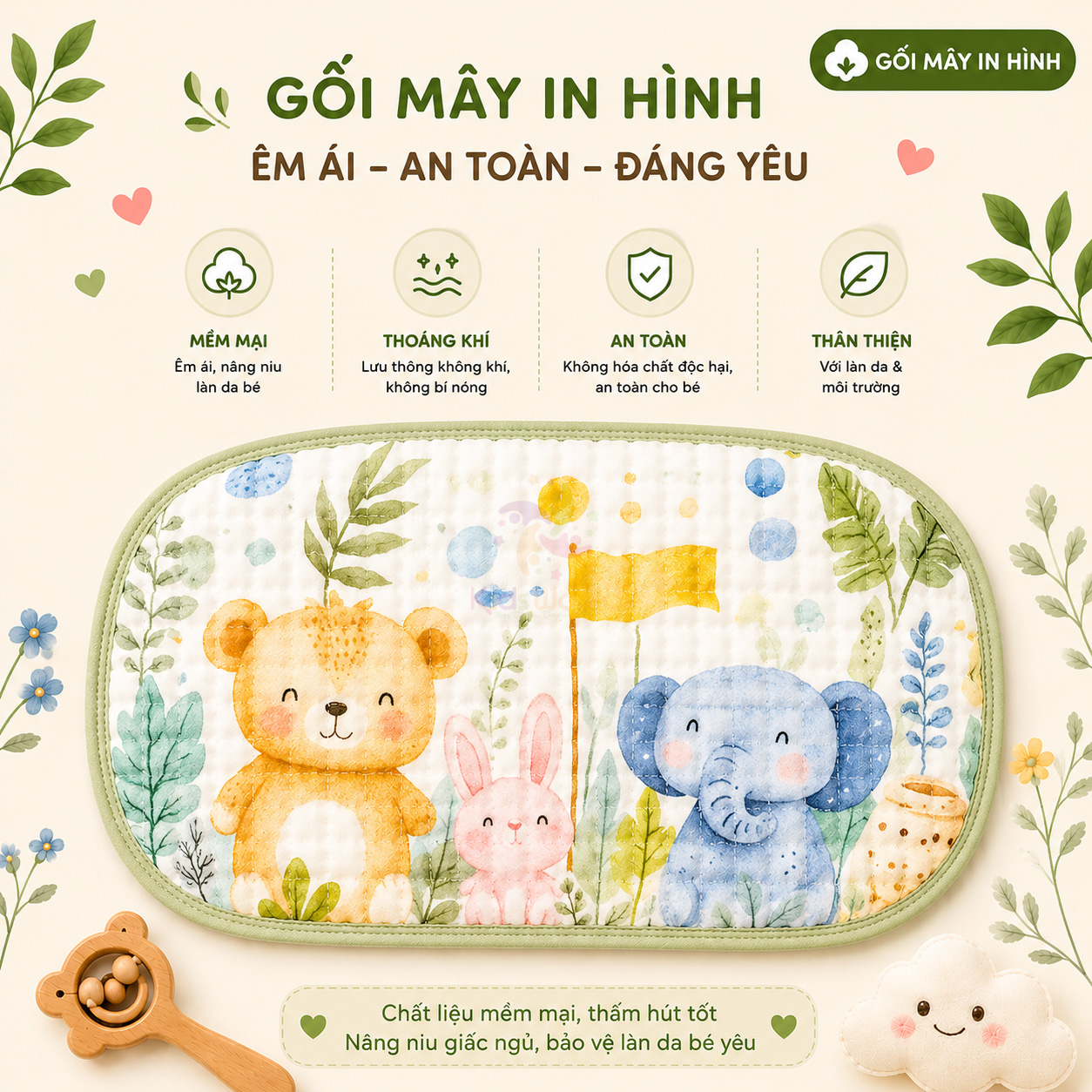 Gối lót đầu cho bé hình đám mấy 12 lớp vải xô bông tre cao cấp thấm hút mồ hôi, thoáng khí, họa tiết đám mây đáng yêu