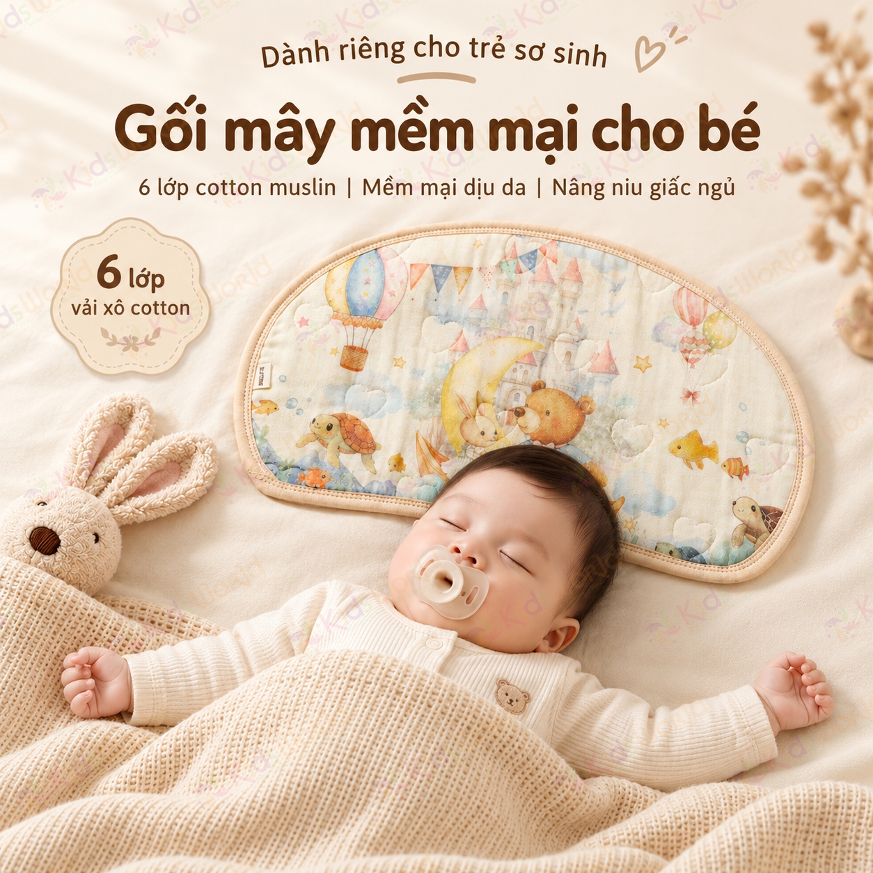 Gối lót đầu cho bé hình mây họa tiết cổ tích Cotton nguyên chất 6 lớp, thoáng khí và thấm hút mồ hôi kích thước 43x24cm