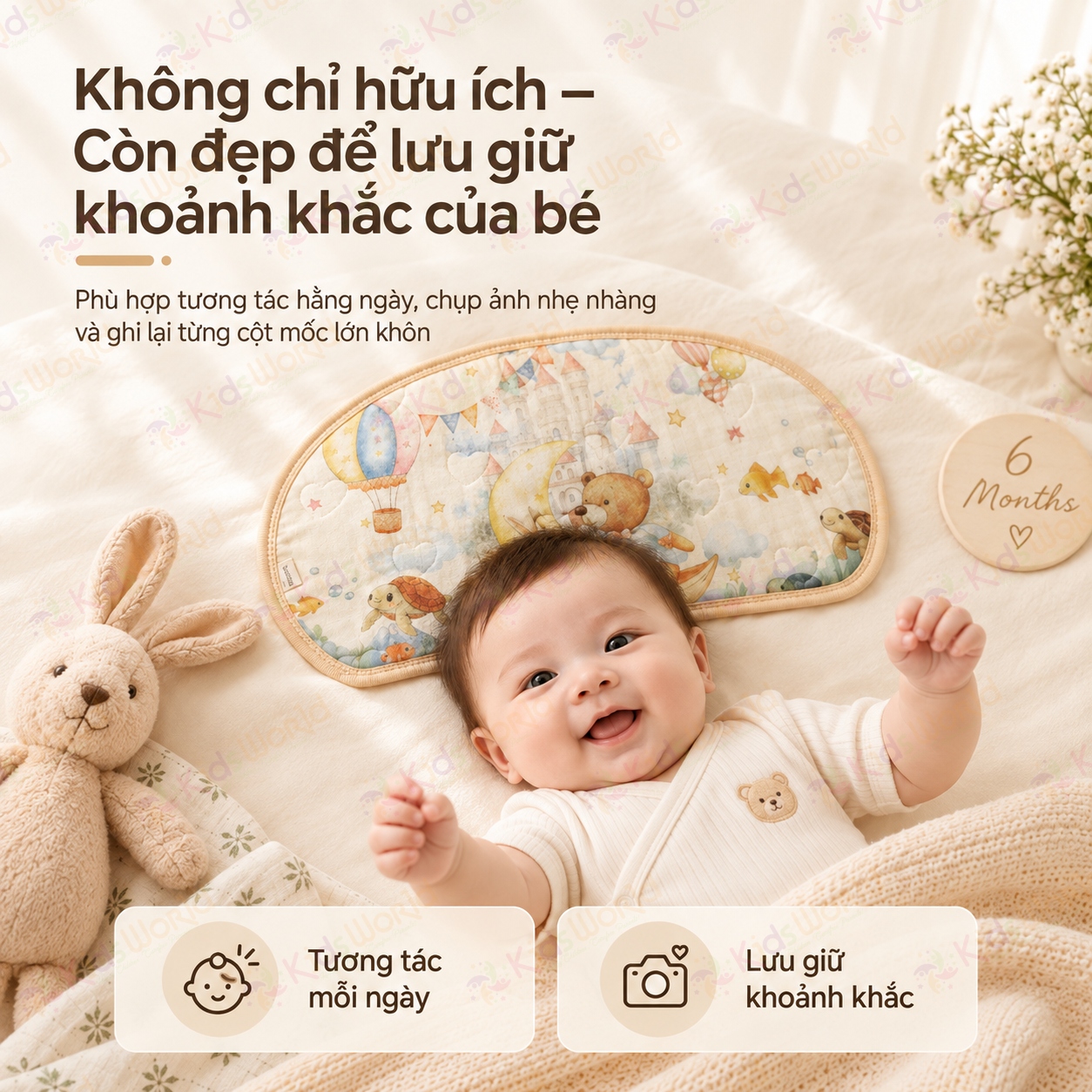 Gối lót đầu cho bé hình mây họa tiết cổ tích Cotton nguyên chất 6 lớp, thoáng khí và thấm hút mồ hôi kích thước 43x24cm