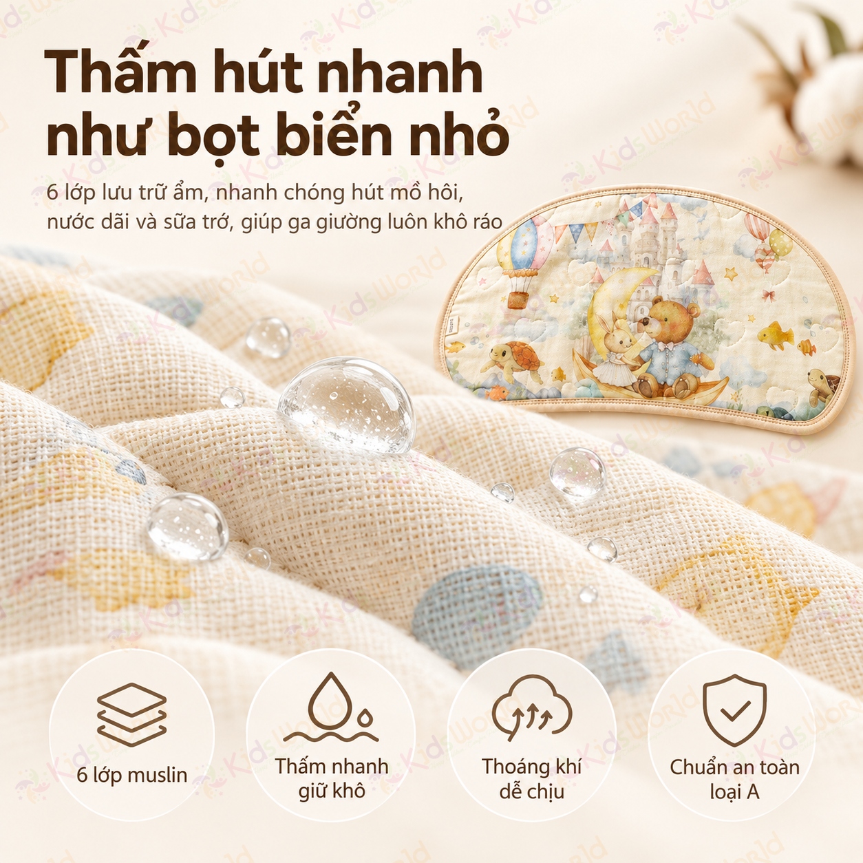 Gối lót đầu cho bé hình mây họa tiết cổ tích Cotton nguyên chất 6 lớp, thoáng khí và thấm hút mồ hôi kích thước 43x24cm