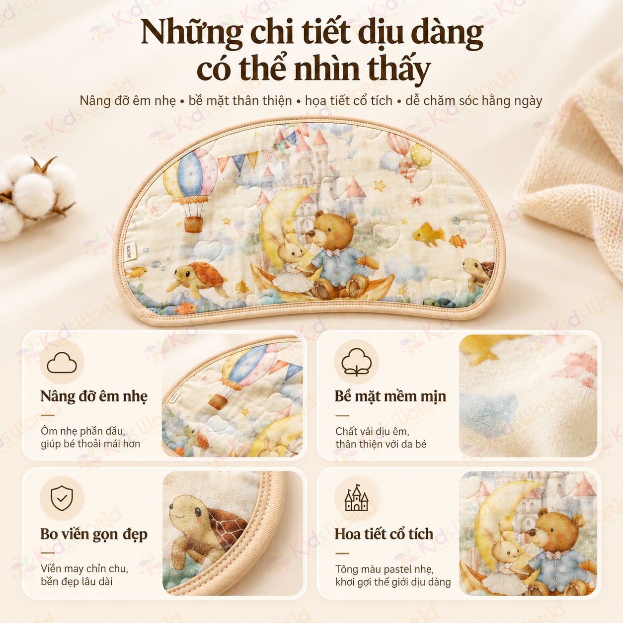 Gối lót đầu cho bé hình mây họa tiết cổ tích Cotton nguyên chất 6 lớp, thoáng khí và thấm hút mồ hôi kích thước 43x24cm