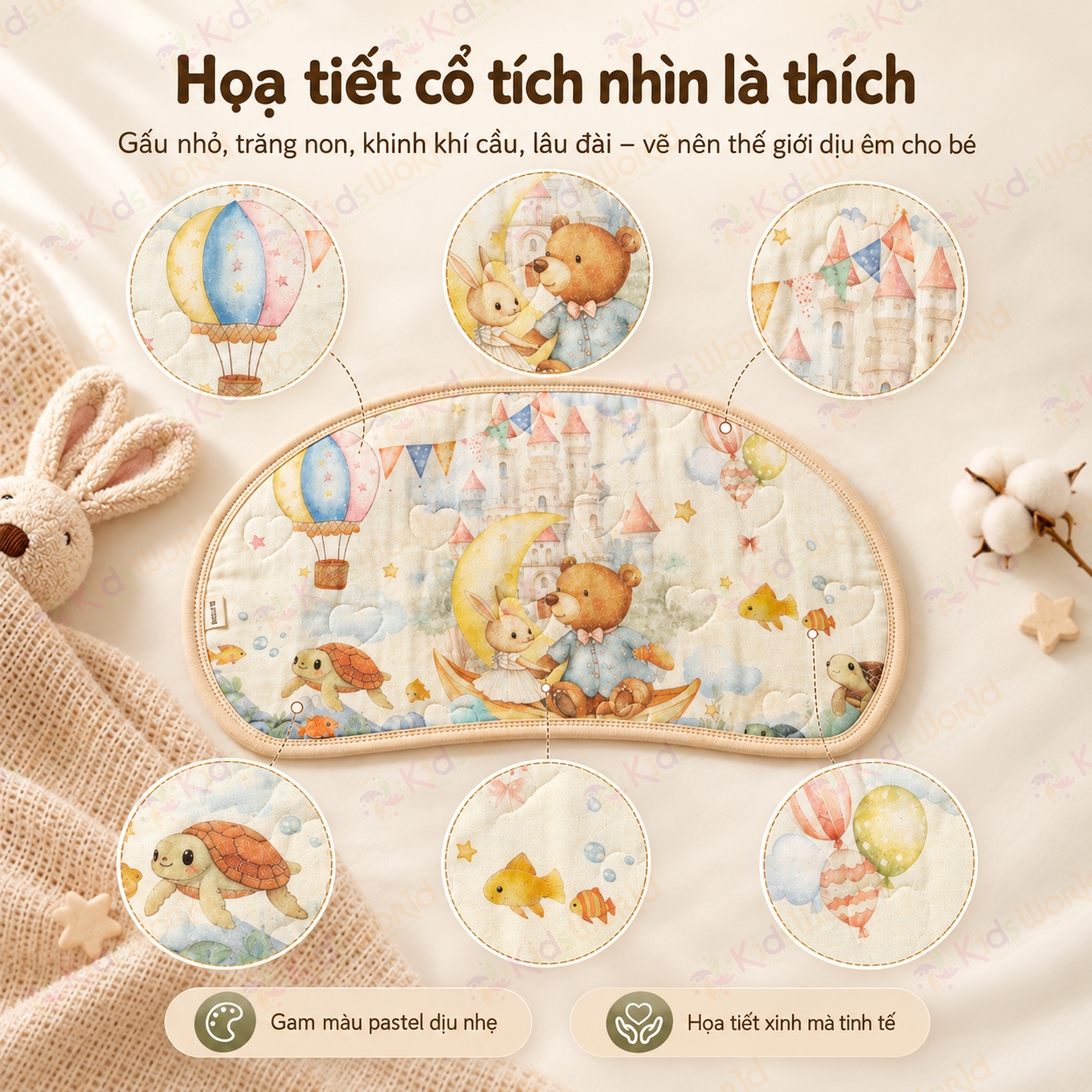 Gối lót đầu cho bé hình mây họa tiết cổ tích Cotton nguyên chất 6 lớp, thoáng khí và thấm hút mồ hôi kích thước 43x24cm