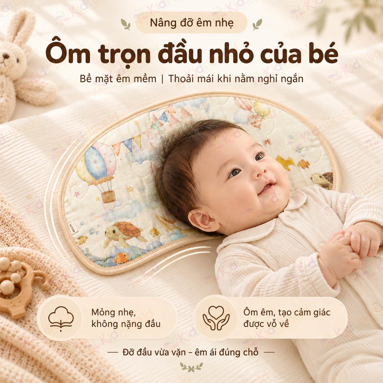 Gối lót đầu cho bé hình mây họa tiết cổ tích Cotton nguyên chất 6 lớp, thoáng khí và thấm hút mồ hôi kích thước 43x24cm